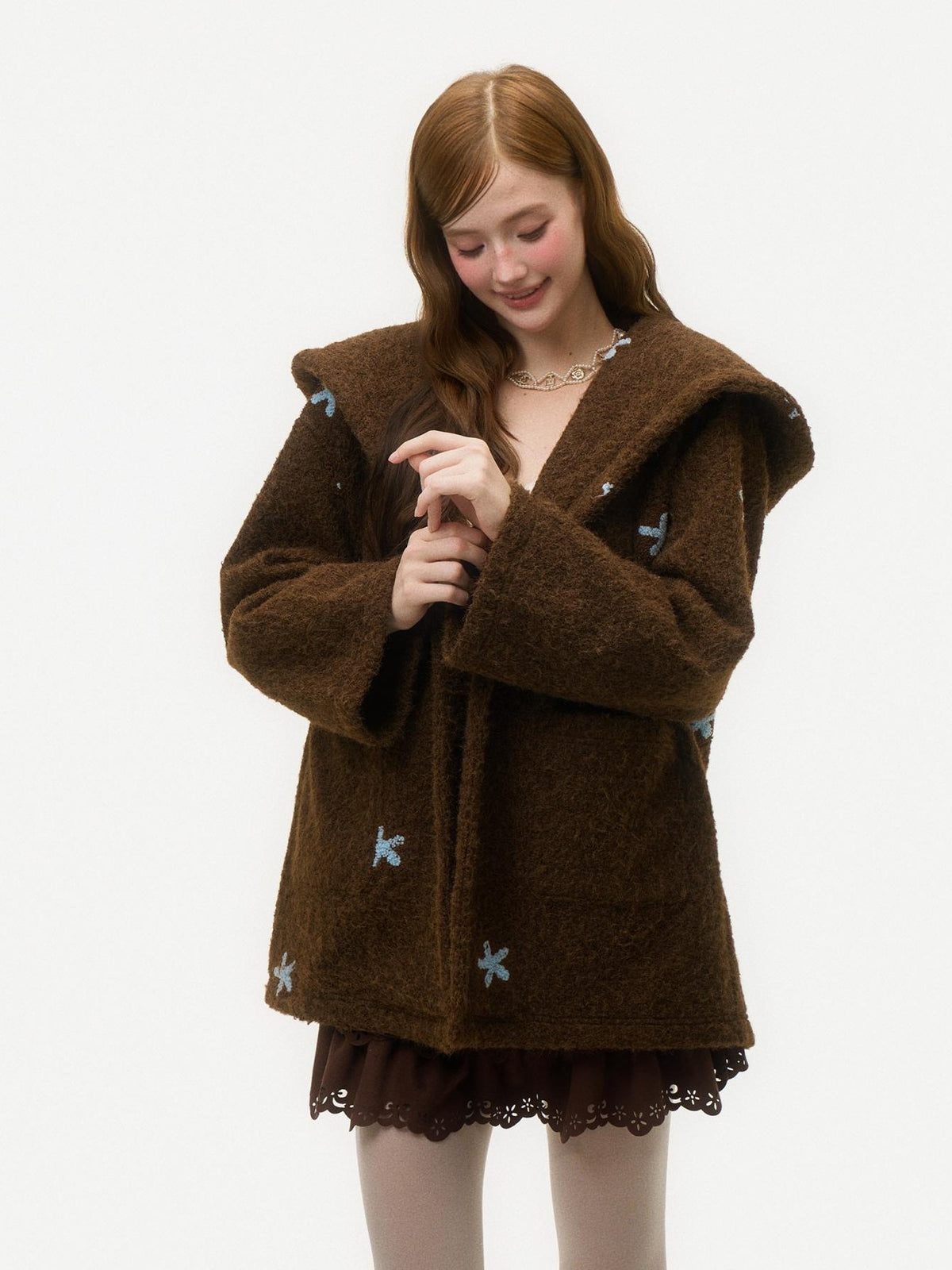 Girly Fancy Club Dark Chestnut 3d Embroidered Hooded Long Sleeve Women's Wool Coats