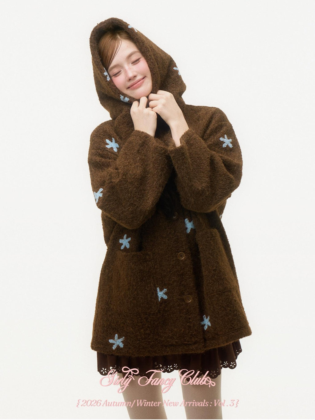 Girly Fancy Club Dark Chestnut 3d Embroidered Hooded Long Sleeve Women's Wool Coats