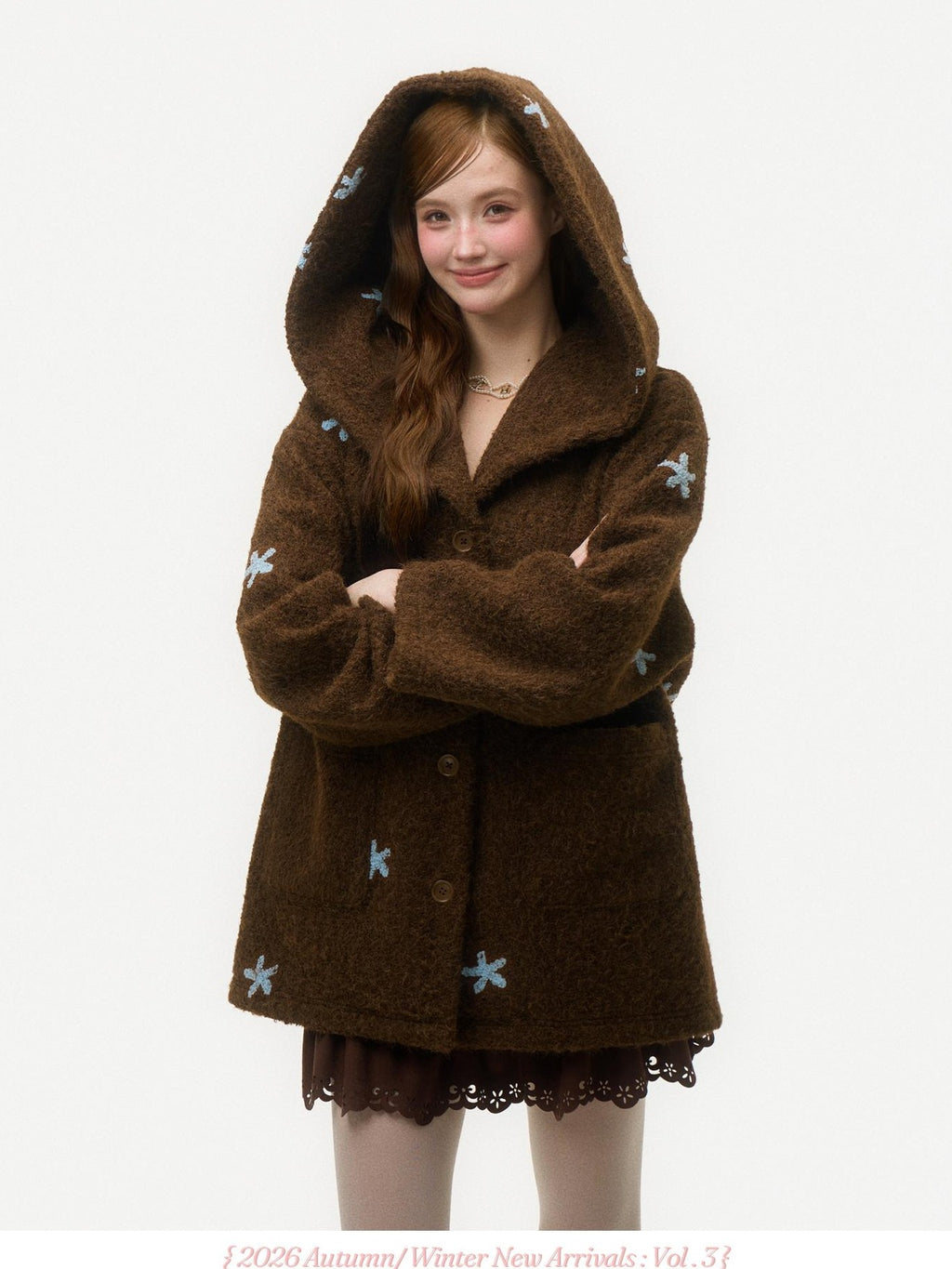 Girly Fancy Club Dark Chestnut 3d Embroidered Hooded Long Sleeve Women's Wool Coats