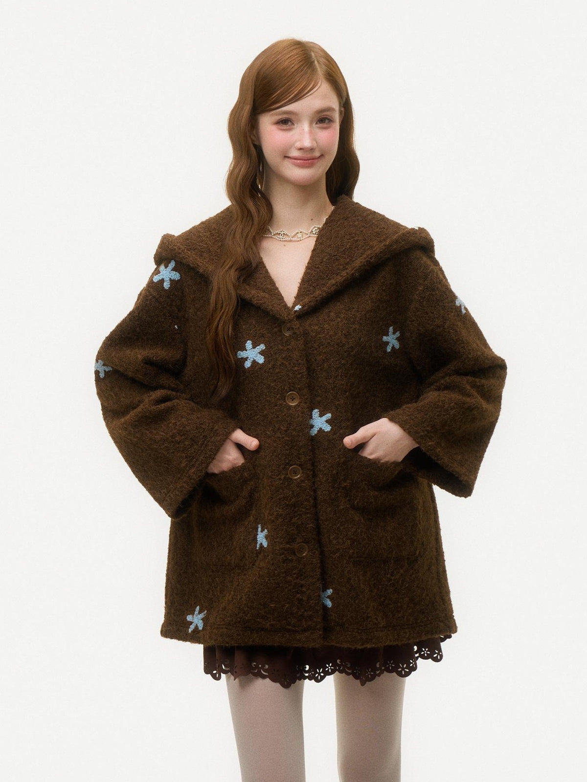 Girly Fancy Club Dark Chestnut 3d Embroidered Hooded Long Sleeve Women's Wool Coats