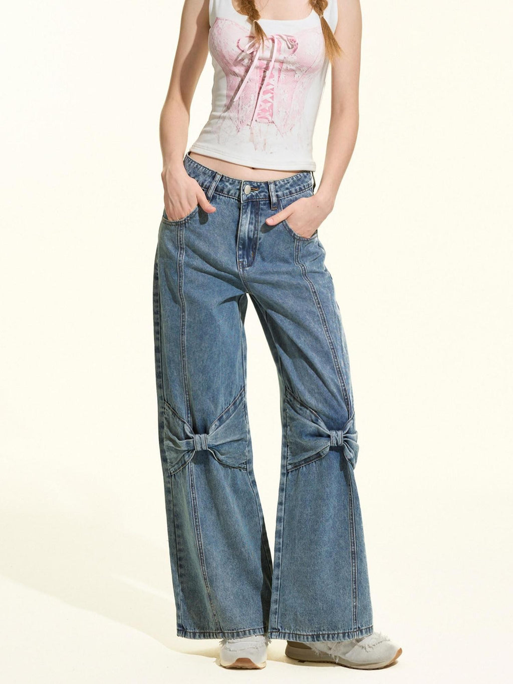 Girly Fancy Club Eco Enzyme Wash 3d Bow Loose Women's Cotton Straight-leg Jeans