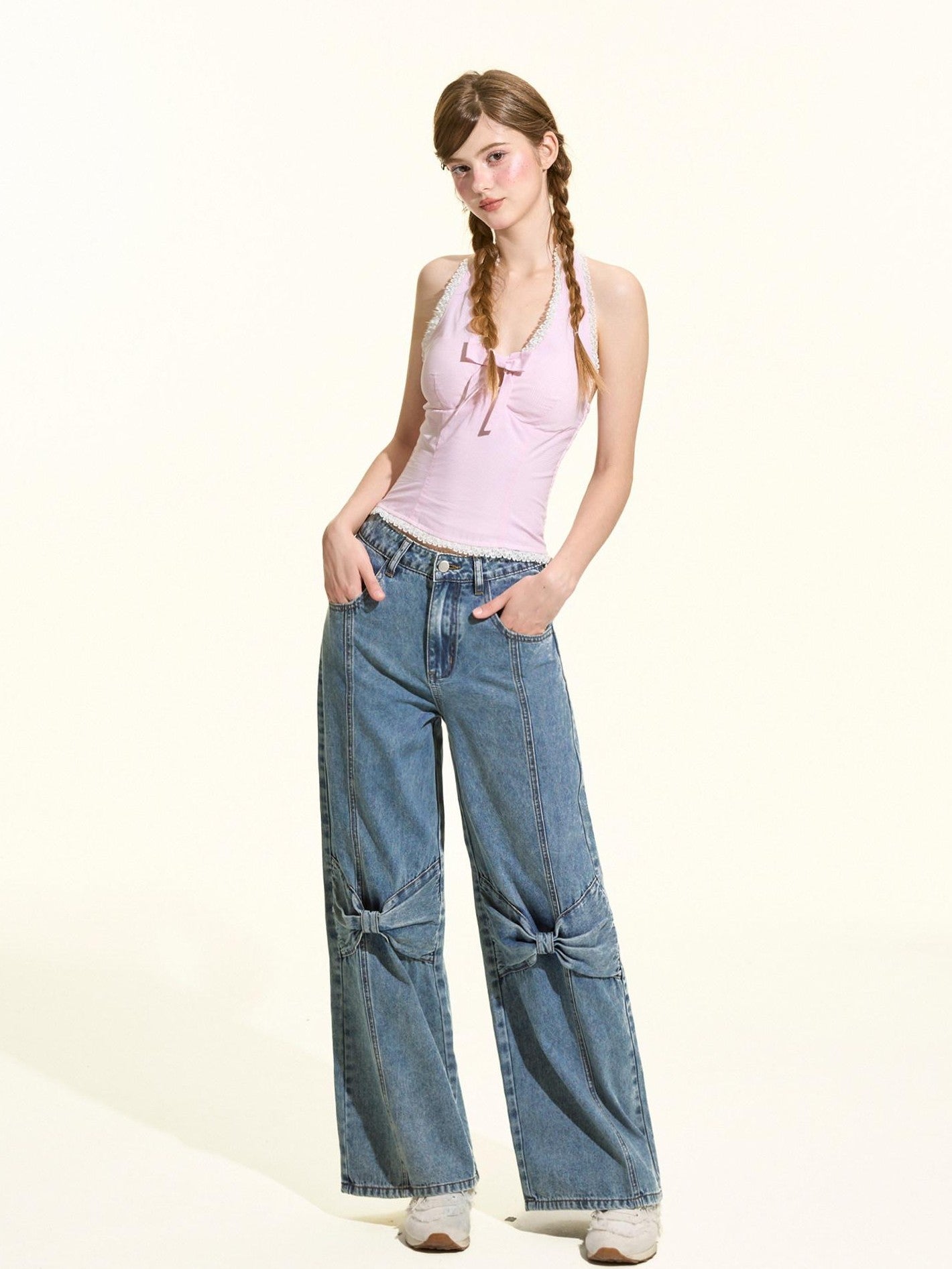 Girly Fancy Club Eco Enzyme Wash 3d Bow Loose Women's Cotton Straight-leg Jeans