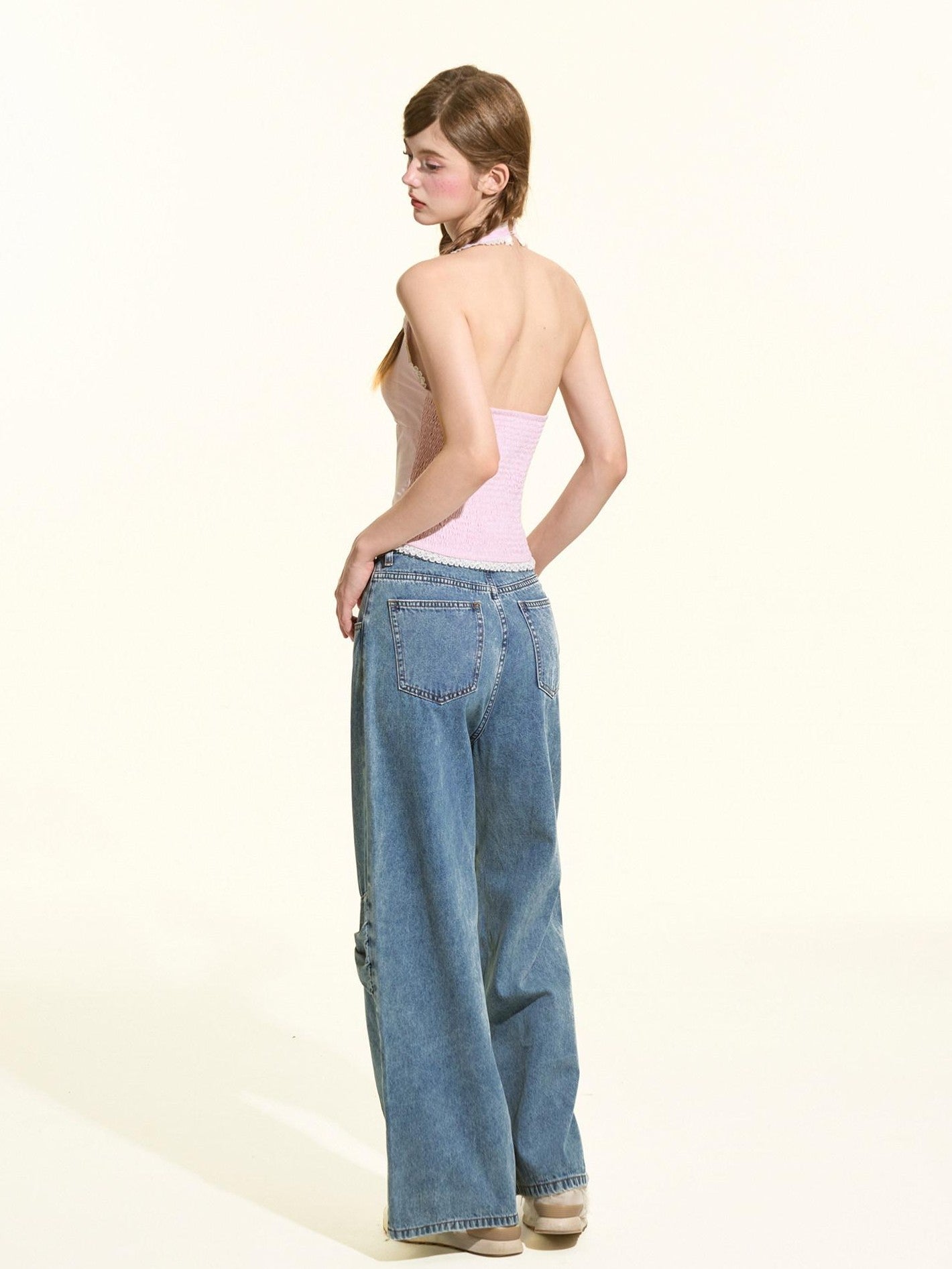Girly Fancy Club Eco Enzyme Wash 3d Bow Loose Women's Cotton Straight-leg Jeans