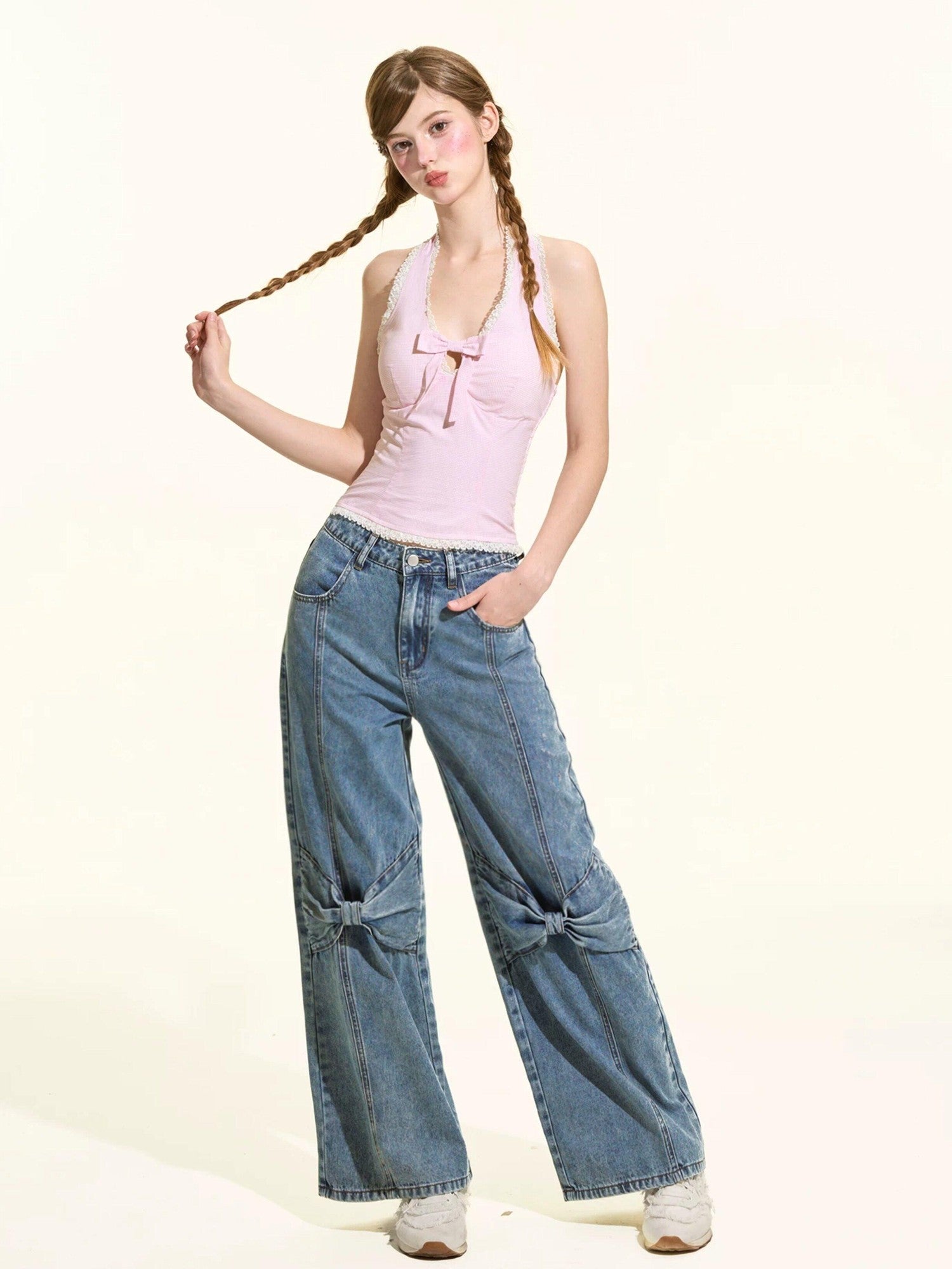 Girly Fancy Club Eco Enzyme Wash 3d Bow Loose Women's Cotton Straight-leg Jeans