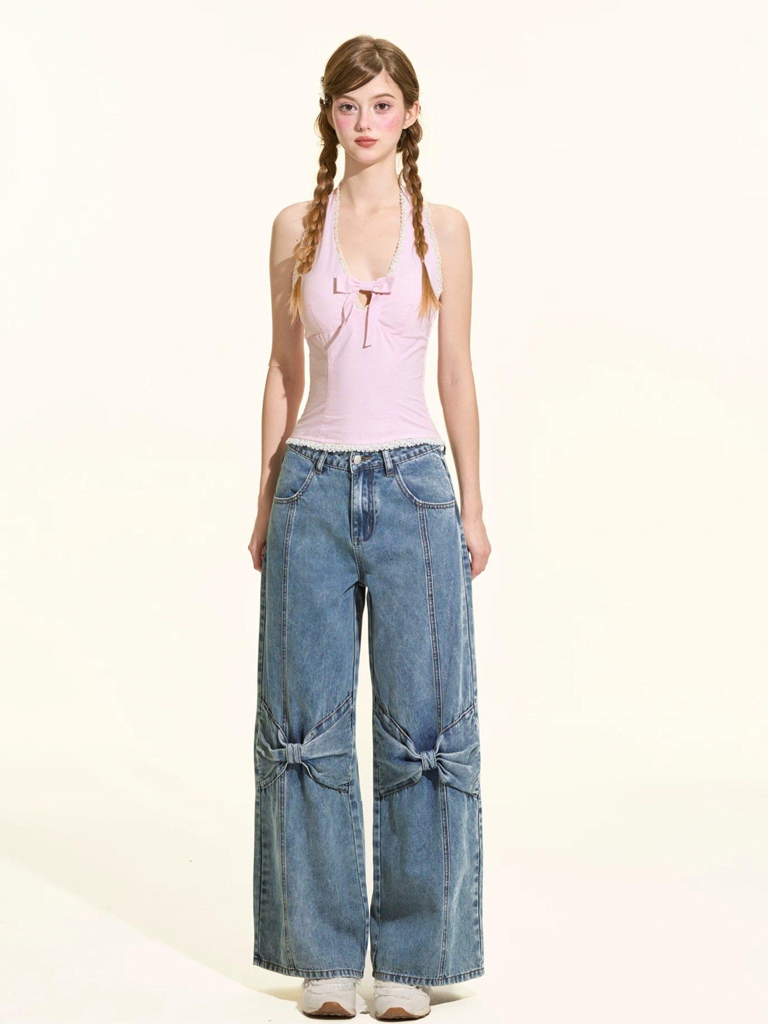Girly Fancy Club Eco Enzyme Wash 3d Bow Loose Women's Cotton Straight-leg Jeans