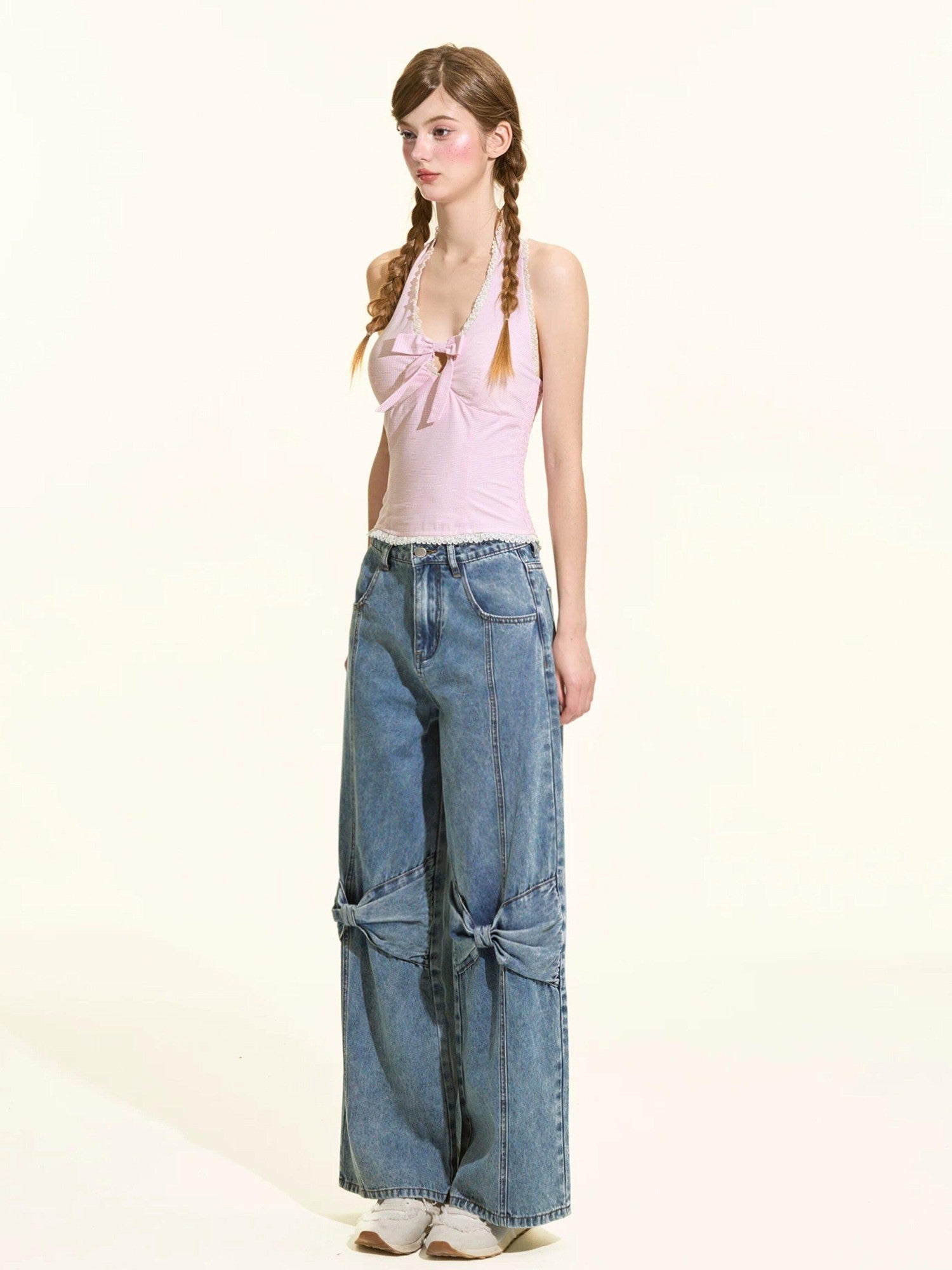 Girly Fancy Club Eco Enzyme Wash 3d Bow Loose Women's Cotton Straight-leg Jeans