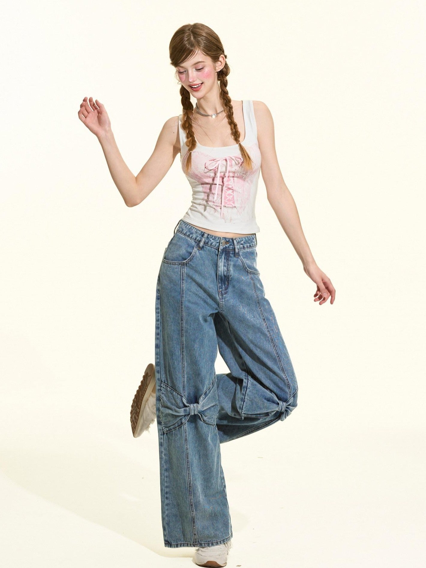 Girly Fancy Club Eco Enzyme Wash 3d Bow Loose Women's Cotton Straight-leg Jeans