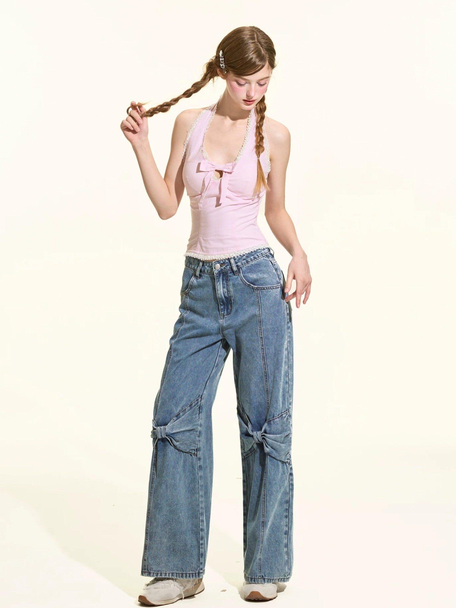Girly Fancy Club Eco Enzyme Wash 3d Bow Loose Women's Cotton Straight-leg Jeans