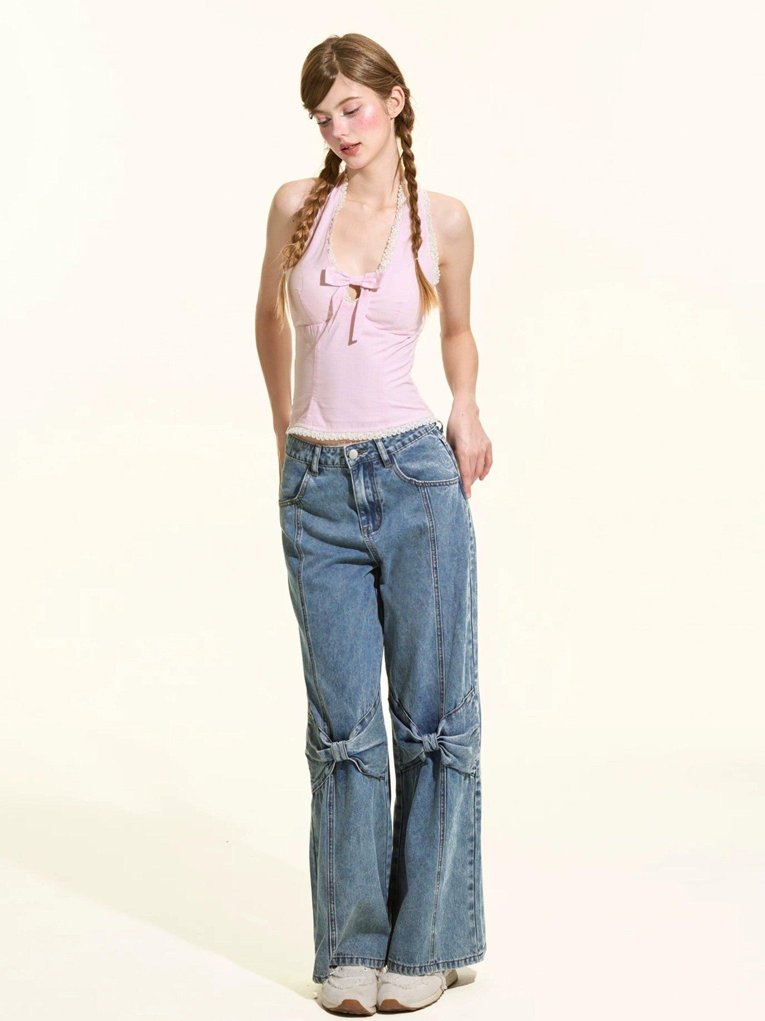 Girly Fancy Club Eco Enzyme Wash 3d Bow Loose Women's Cotton Straight-leg Jeans
