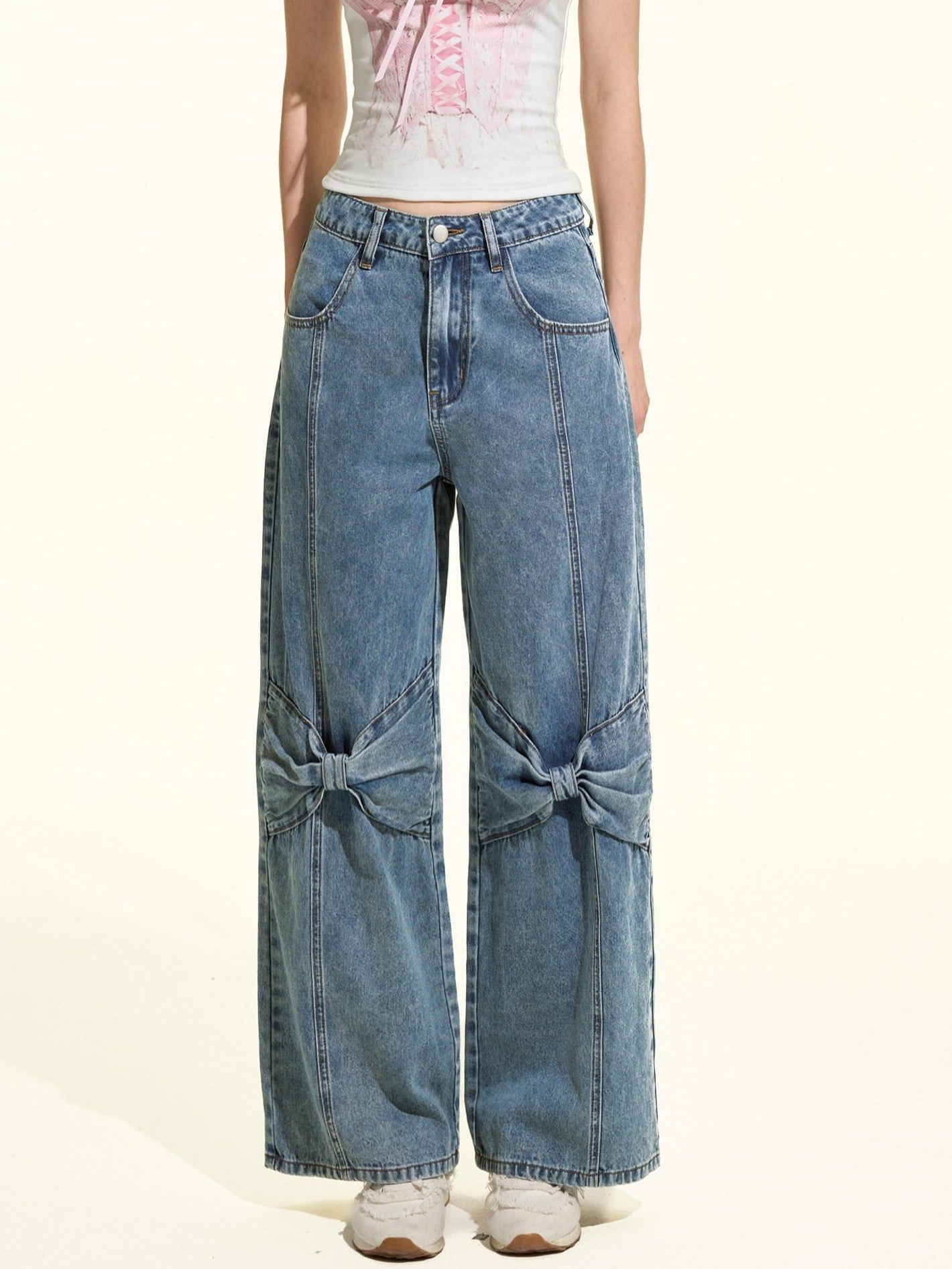 Girly Fancy Club Eco Enzyme Wash 3d Bow Loose Women's Cotton Straight-leg Jeans