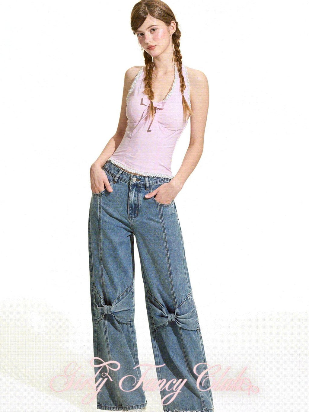 Girly Fancy Club Eco Enzyme Wash 3d Bow Loose Women's Cotton Straight-leg Jeans