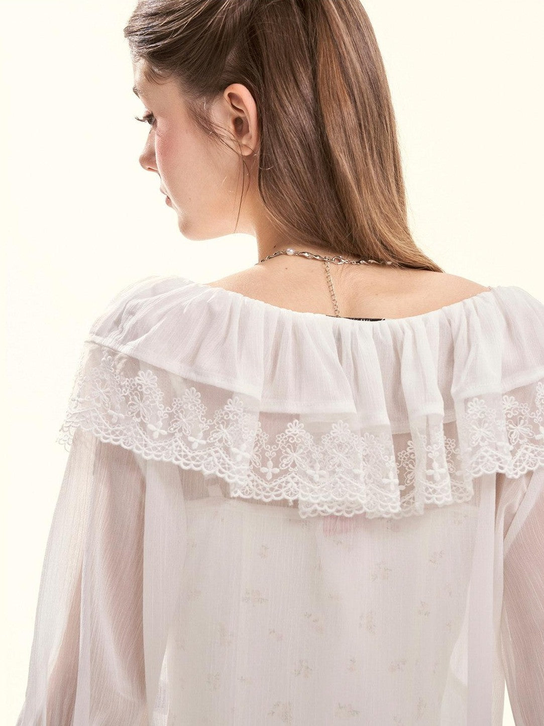 Girly Fancy Club Embroidered Lace Ruffle Collar Ruffle Sleeve Spliced Women's Chiffon Cardigans