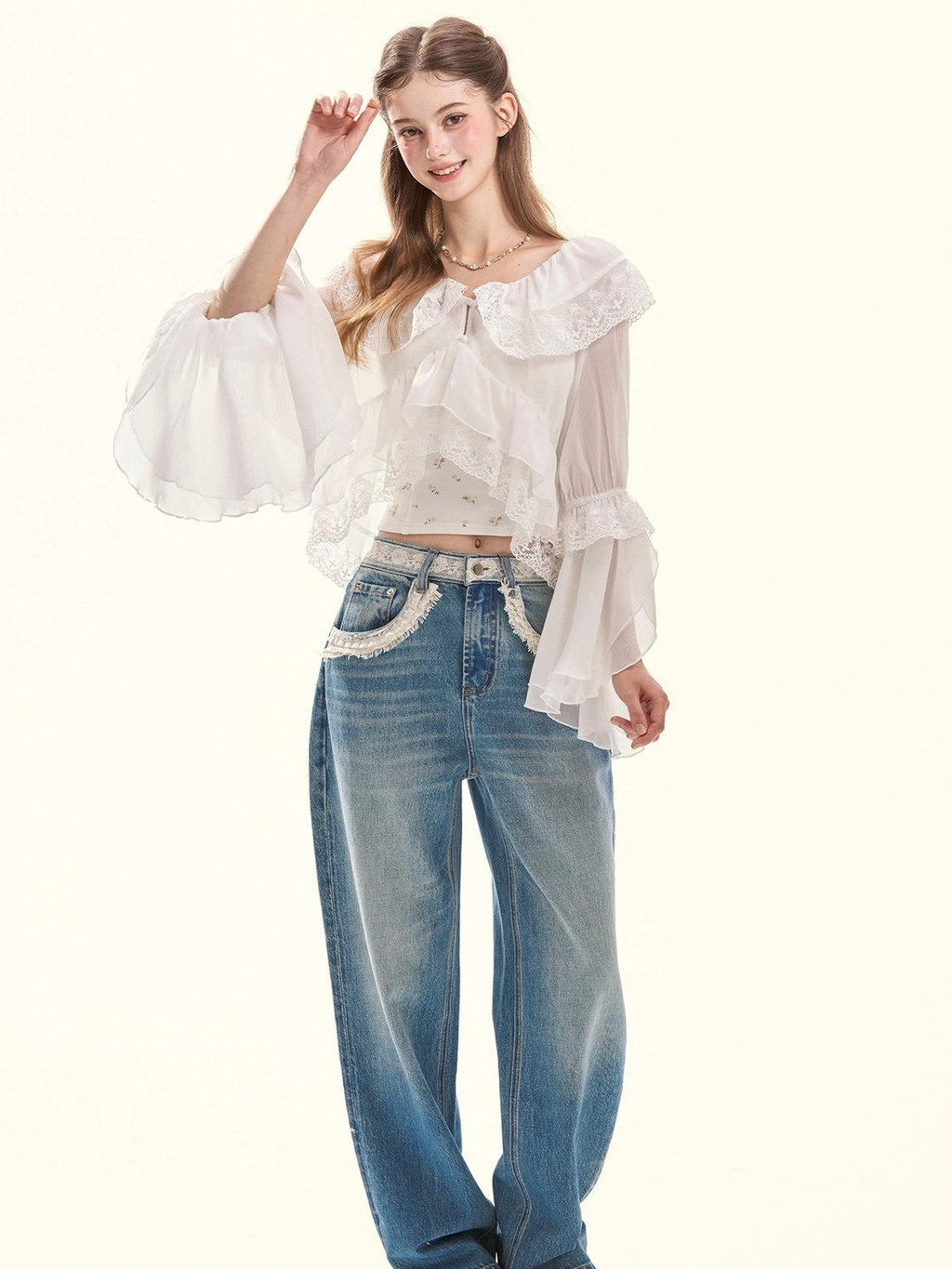 Girly Fancy Club Embroidered Lace Ruffle Collar Ruffle Sleeve Spliced Women's Chiffon Cardigans