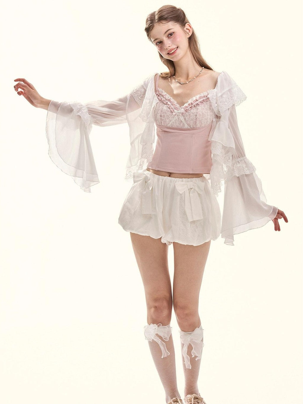 Girly Fancy Club Embroidered Lace Ruffle Collar Ruffle Sleeve Spliced Women's Chiffon Cardigans