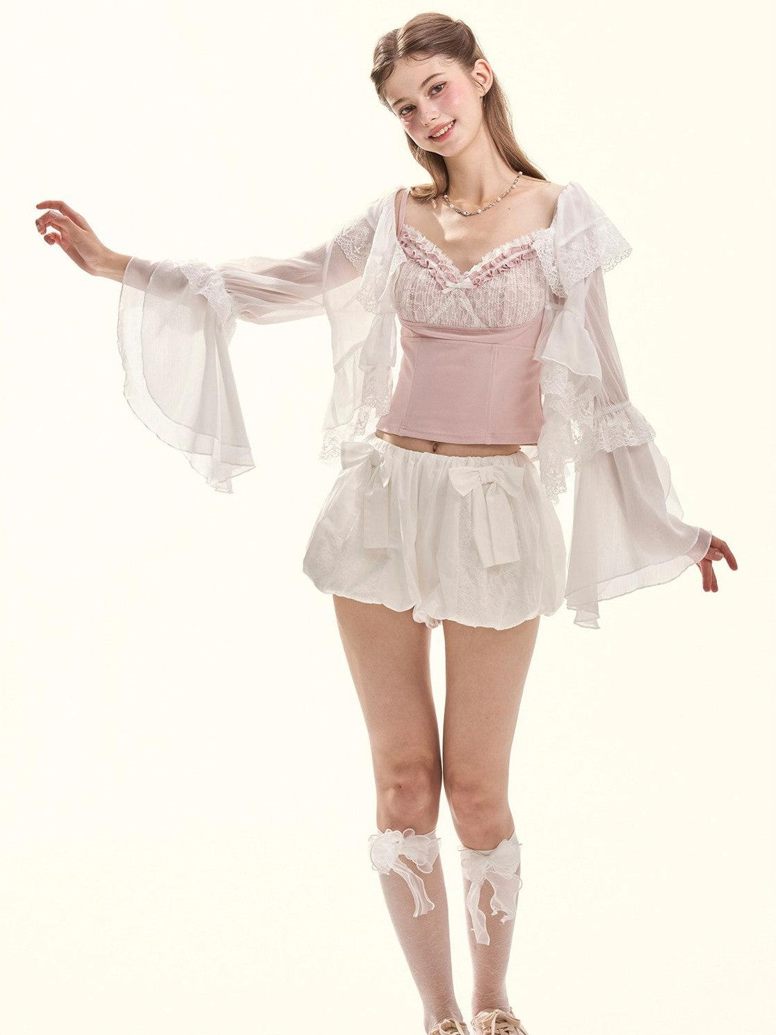 Girly Fancy Club Embroidered Lace Ruffle Collar Ruffle Sleeve Spliced Women's Chiffon Cardigans