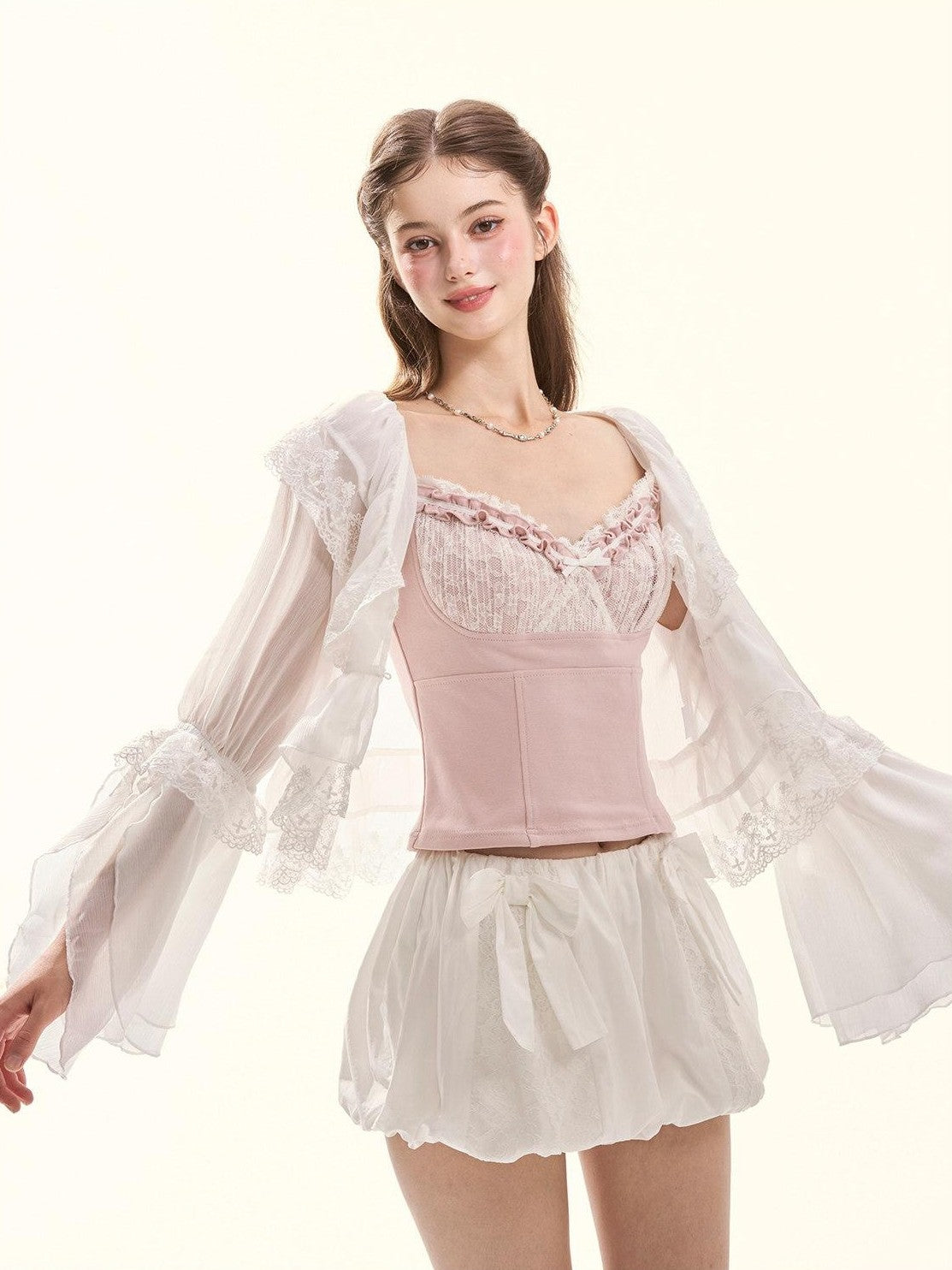 Girly Fancy Club Embroidered Lace Ruffle Collar Ruffle Sleeve Spliced Women's Chiffon Cardigans