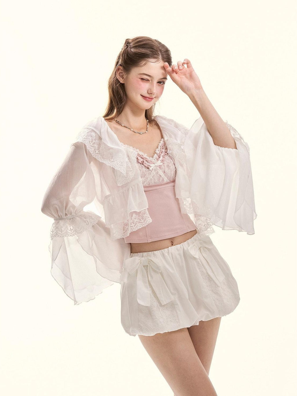 Girly Fancy Club Embroidered Lace Ruffle Collar Ruffle Sleeve Spliced Women's Chiffon Cardigans