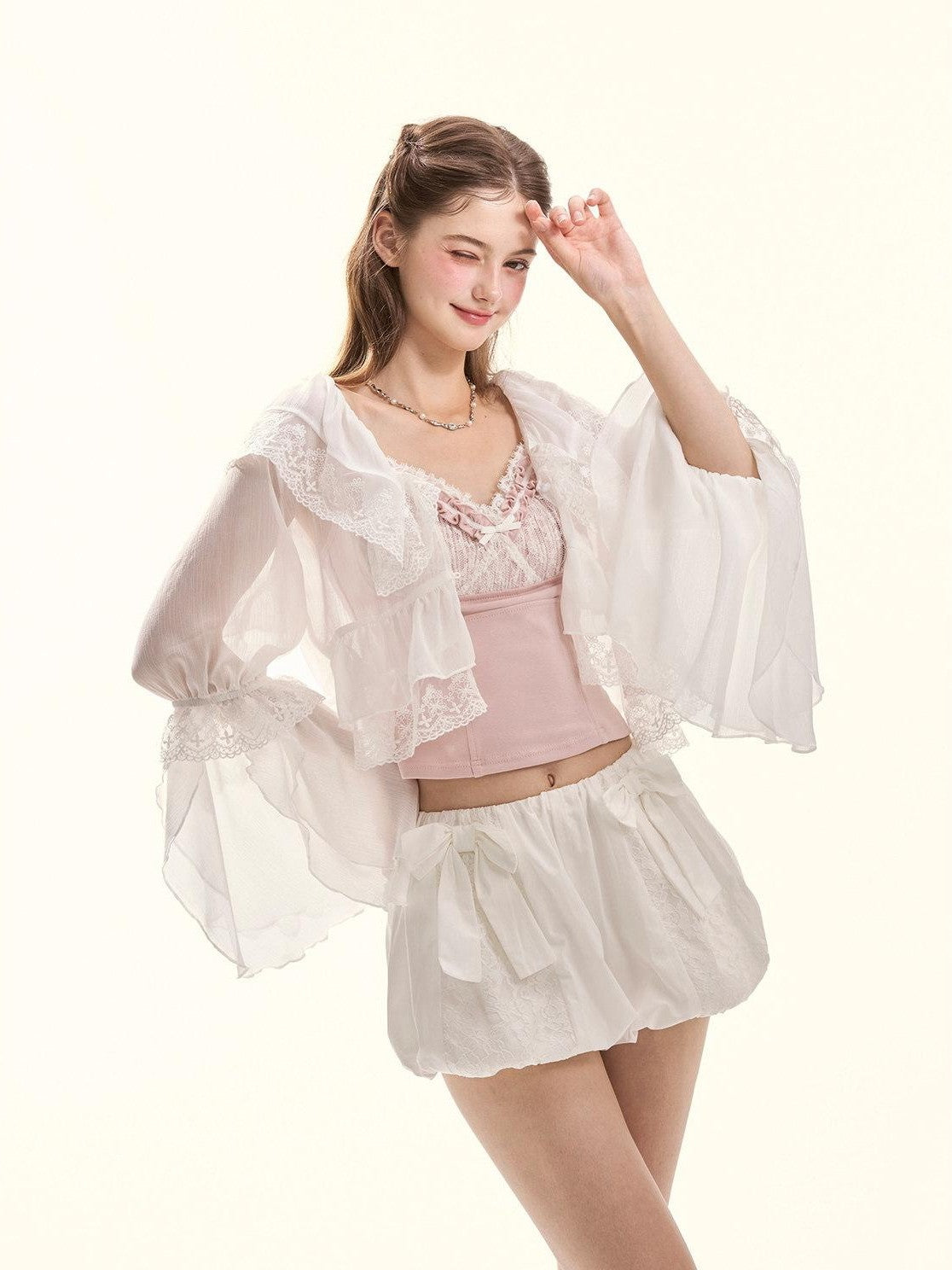 Girly Fancy Club Embroidered Lace Ruffle Collar Ruffle Sleeve Spliced Women's Chiffon Cardigans