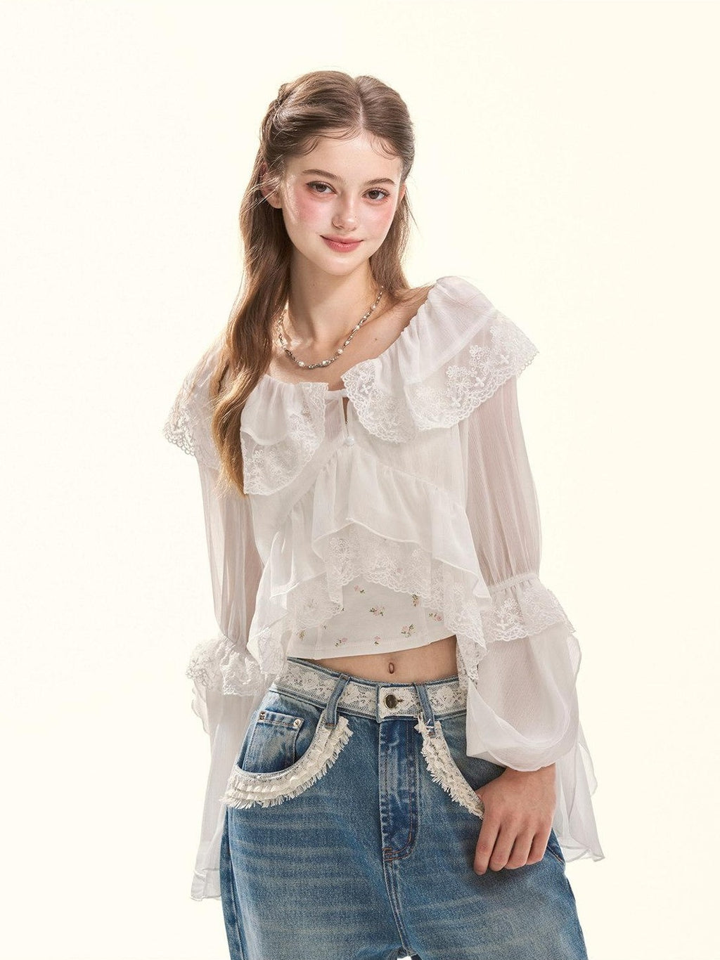 Girly Fancy Club Embroidered Lace Ruffle Collar Ruffle Sleeve Spliced Women's Chiffon Cardigans
