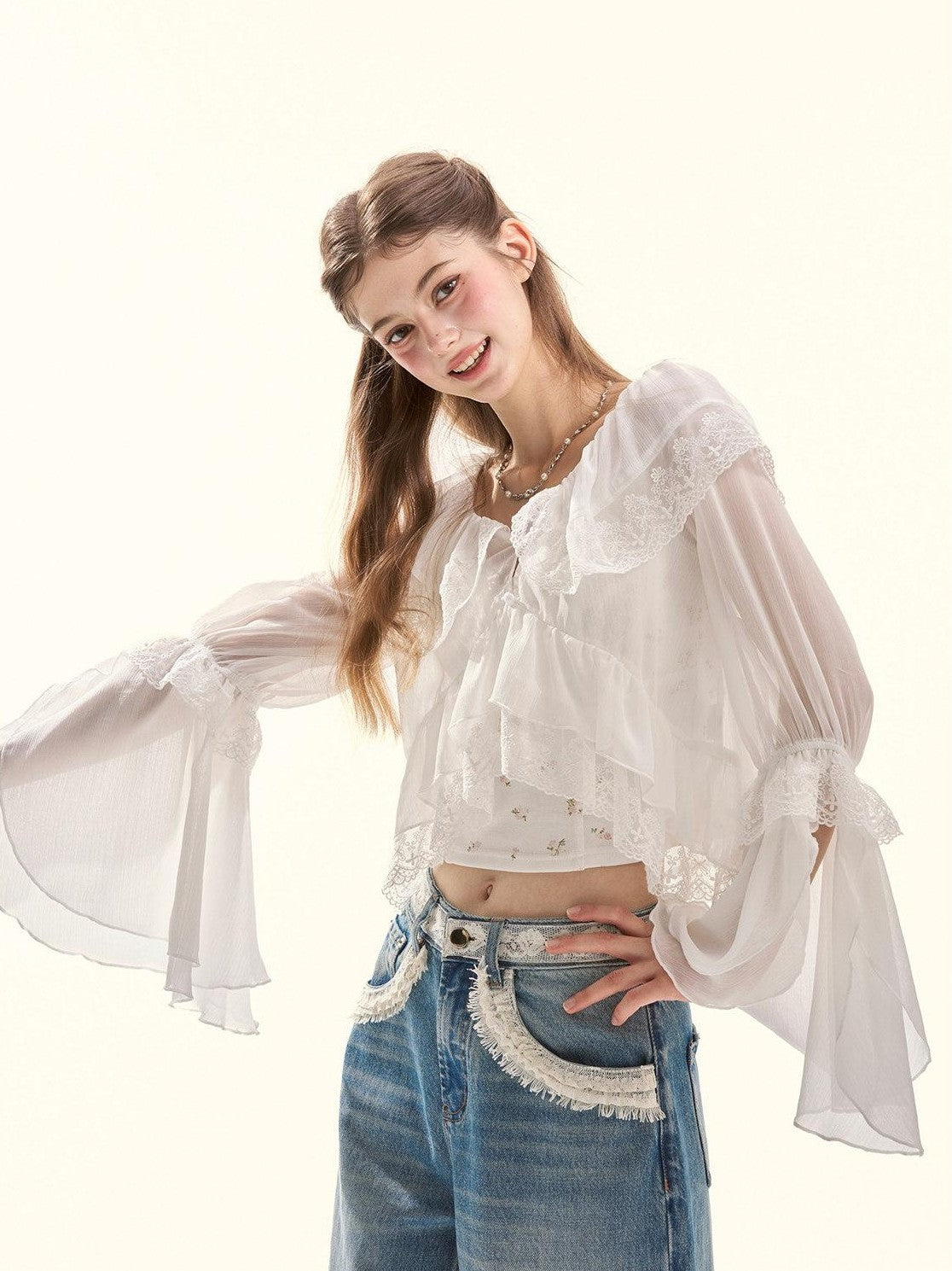 Girly Fancy Club Embroidered Lace Ruffle Collar Ruffle Sleeve Spliced Women's Chiffon Cardigans