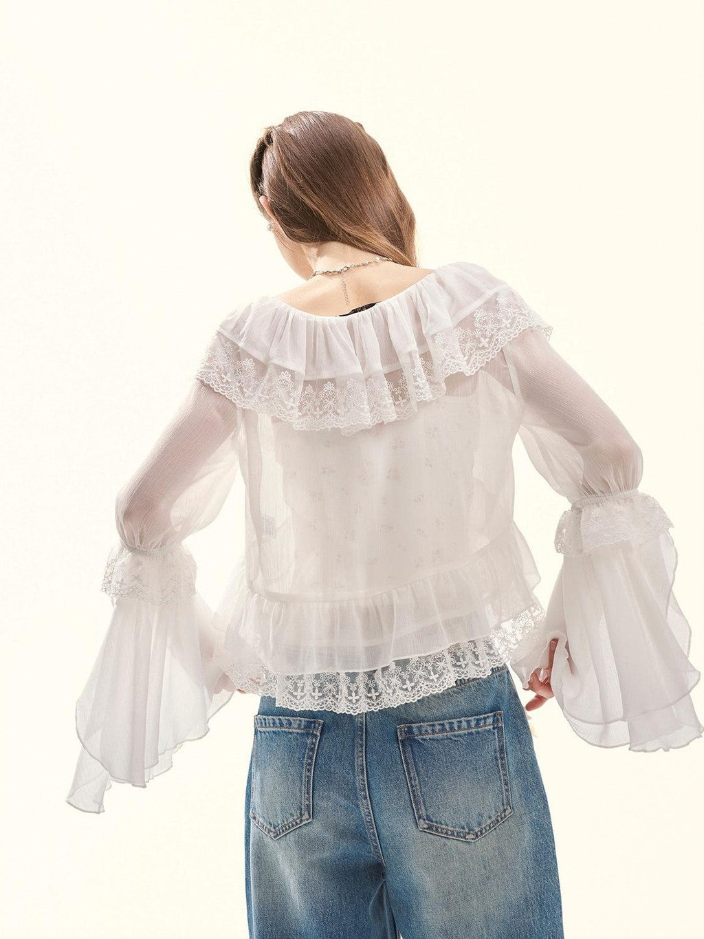 Girly Fancy Club Embroidered Lace Ruffle Collar Ruffle Sleeve Spliced Women's Chiffon Cardigans