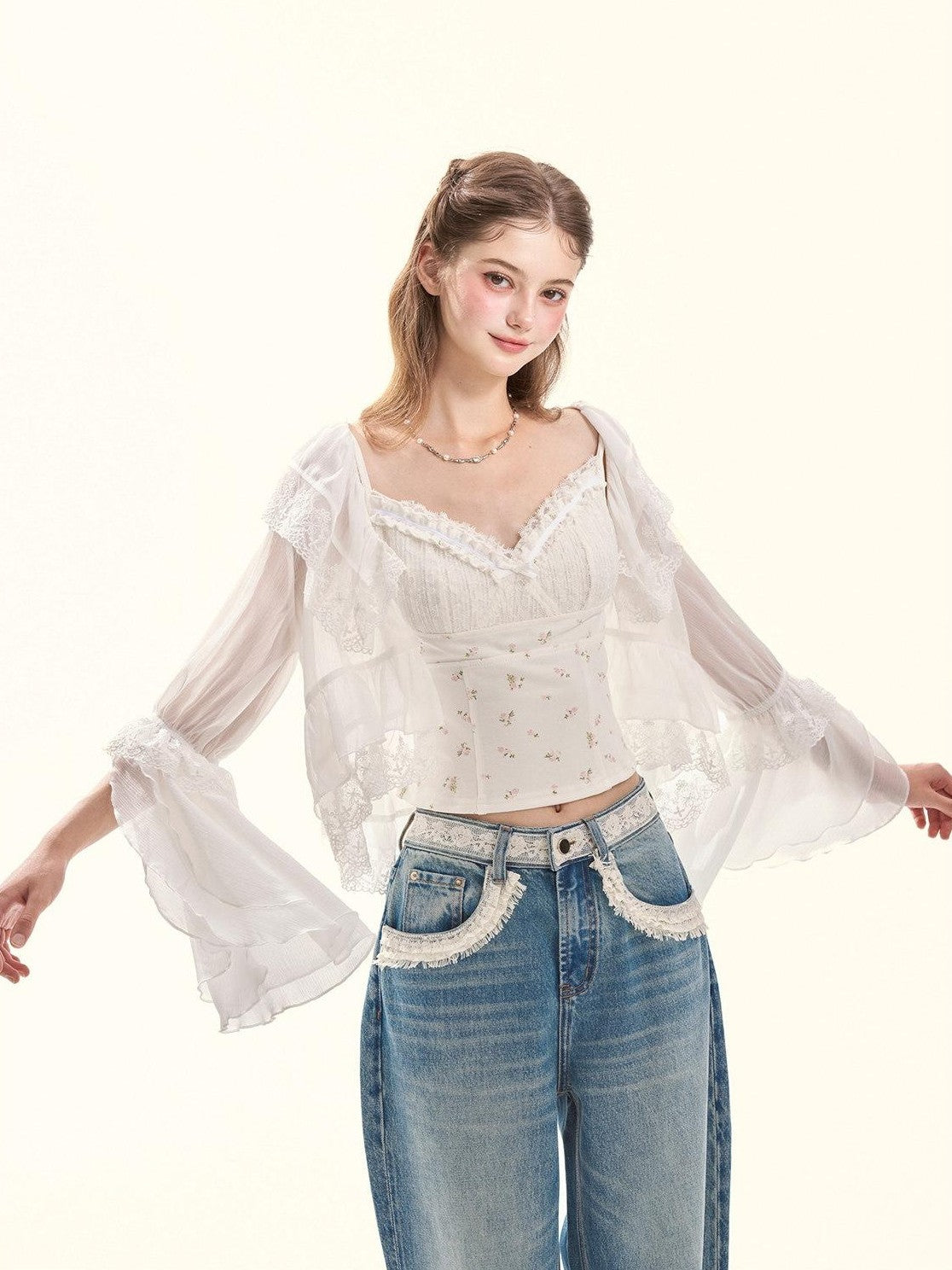 Girly Fancy Club Embroidered Lace Ruffle Collar Ruffle Sleeve Spliced Women's Chiffon Cardigans