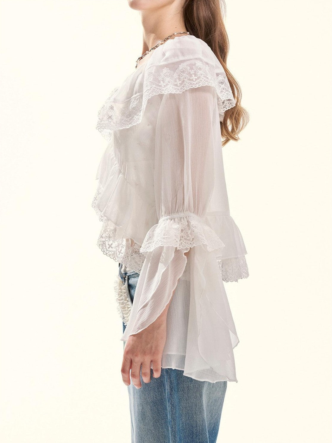 Girly Fancy Club Embroidered Lace Ruffle Collar Ruffle Sleeve Spliced Women's Chiffon Cardigans