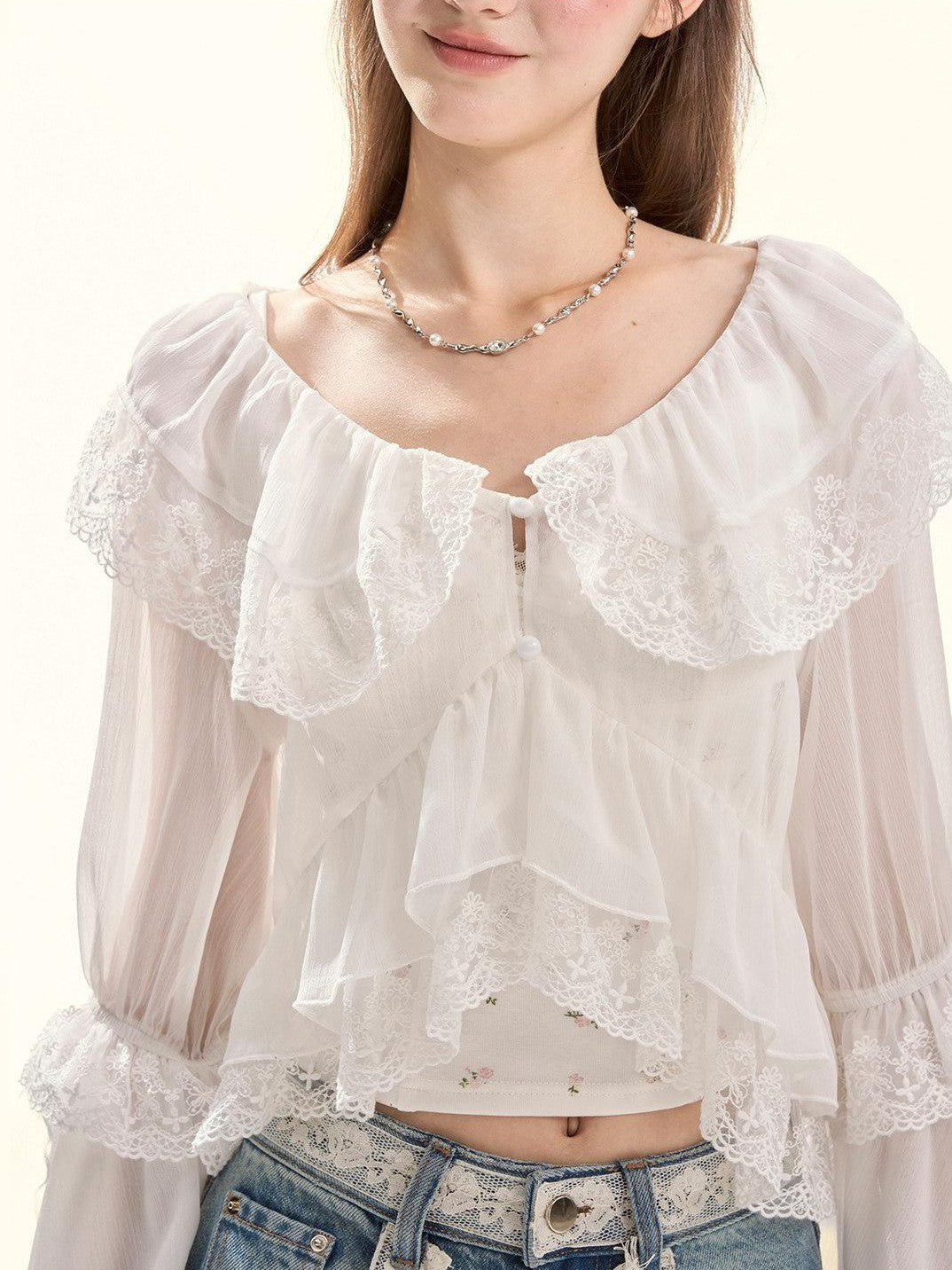 Girly Fancy Club Embroidered Lace Ruffle Collar Ruffle Sleeve Spliced Women's Chiffon Cardigans