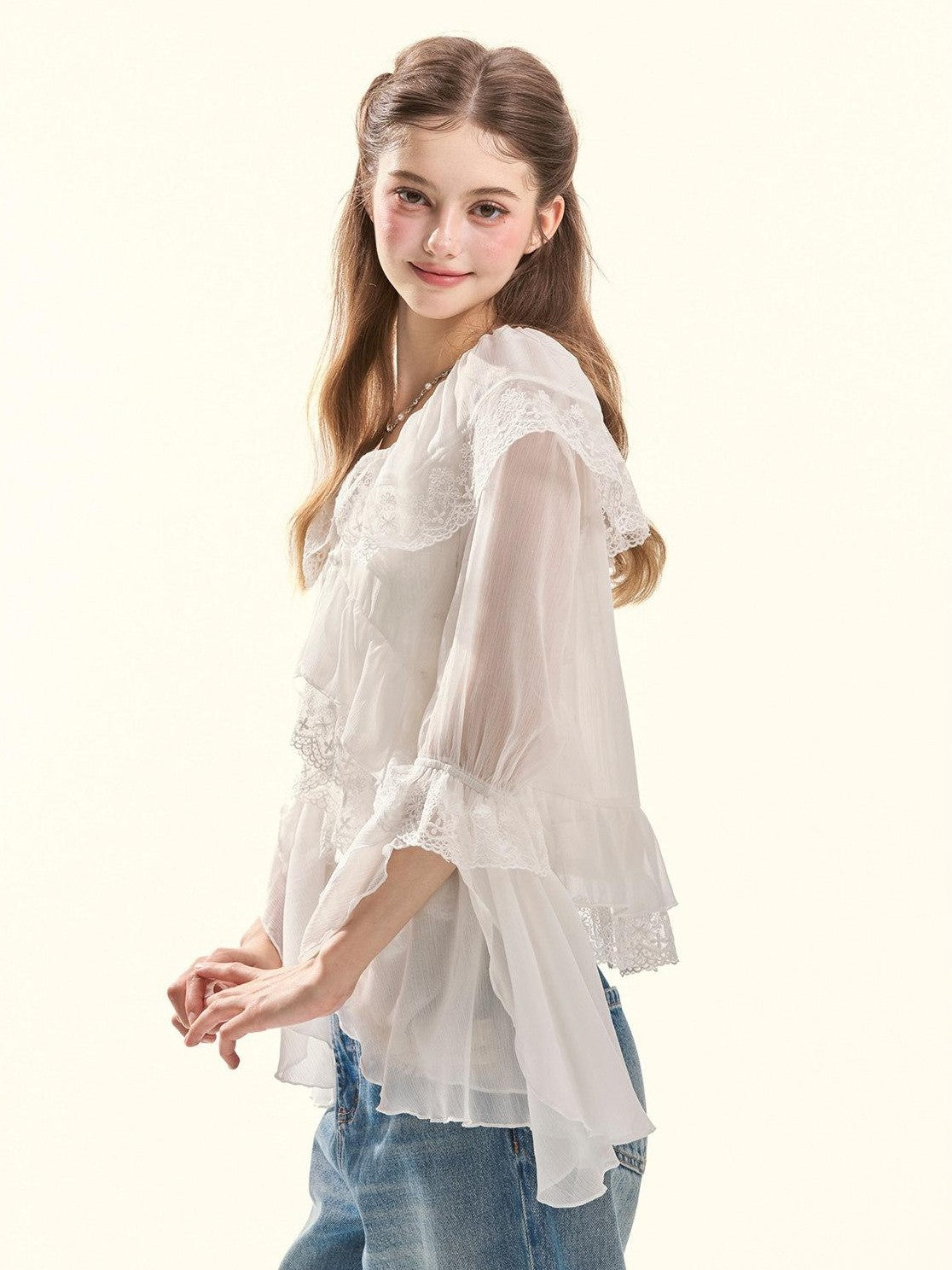 Girly Fancy Club Embroidered Lace Ruffle Collar Ruffle Sleeve Spliced Women's Chiffon Cardigans