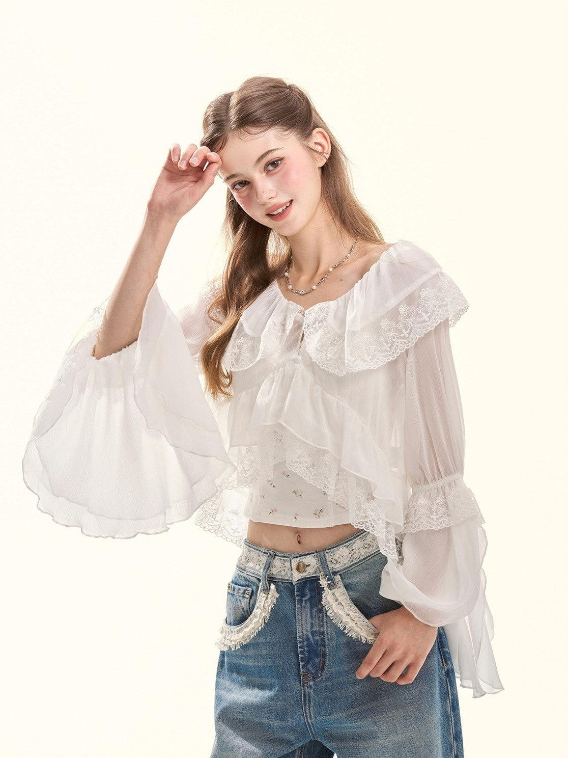 Girly Fancy Club Embroidered Lace Ruffle Collar Ruffle Sleeve Spliced Women's Chiffon Cardigans