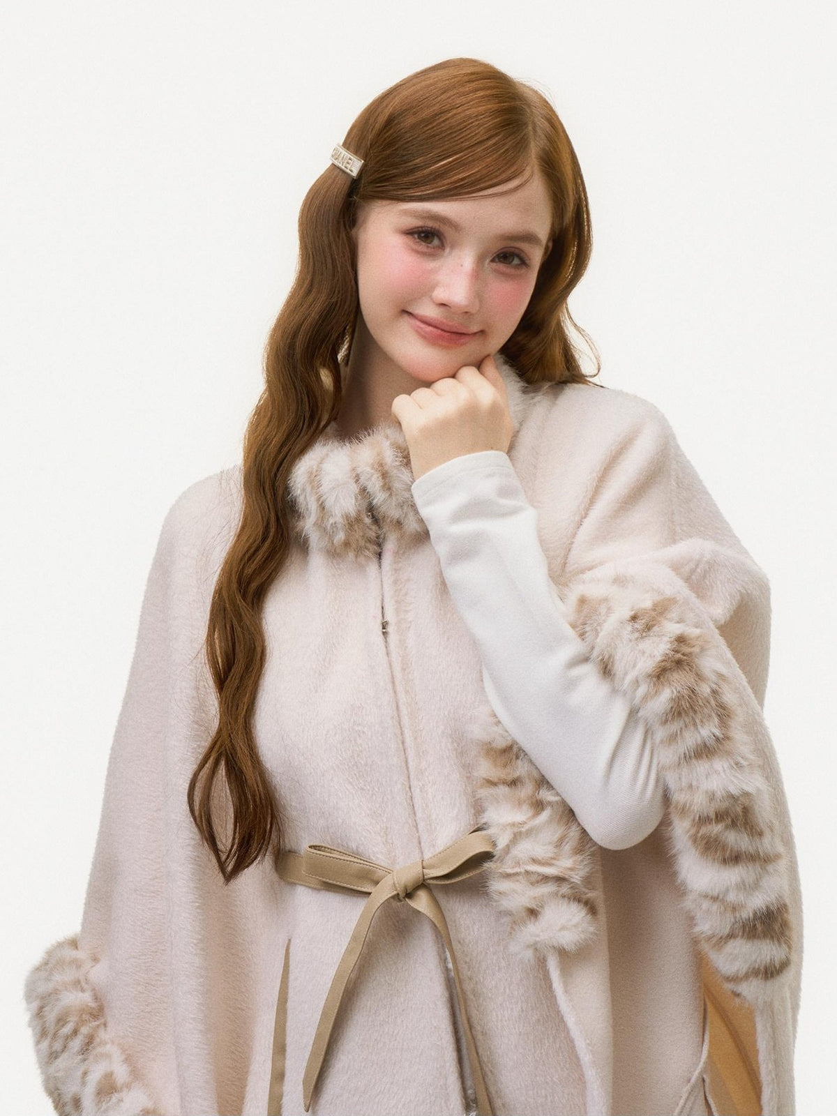 Girly Fancy Club Faux Fur Trim Leopard Print Bow Lace Up Poncho Women's Wool Coats