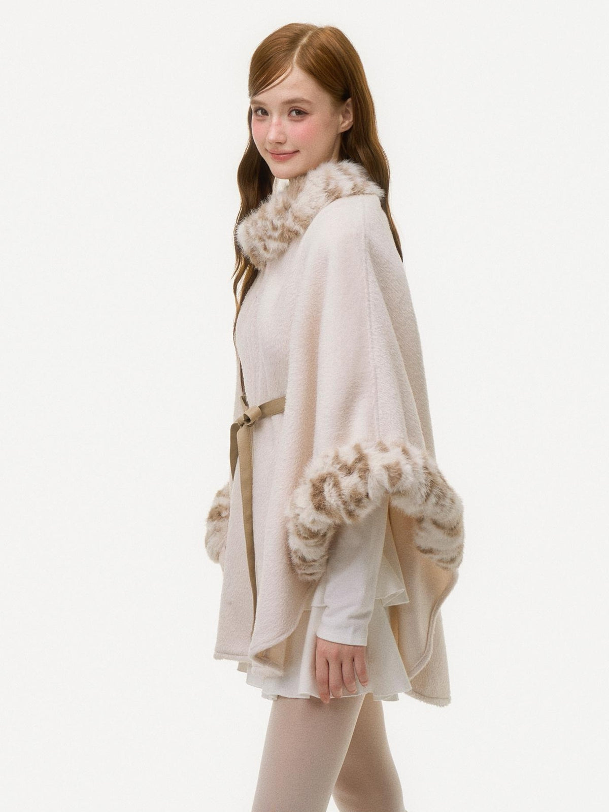 Girly Fancy Club Faux Fur Trim Leopard Print Bow Lace Up Poncho Women's Wool Coats