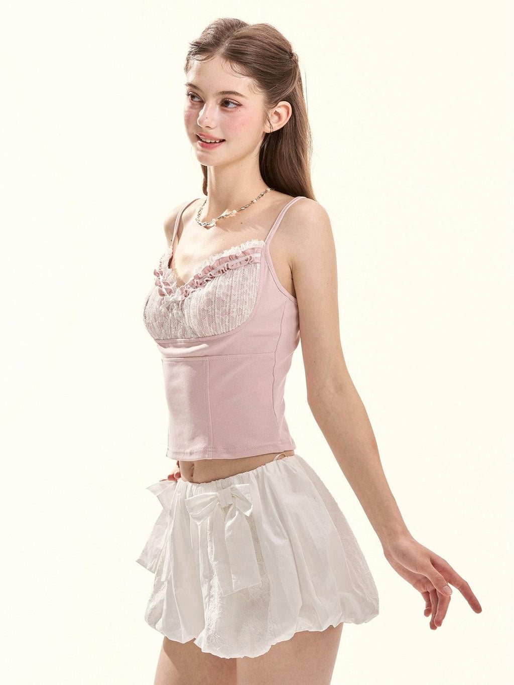 Girly Fancy Club Floral Ruched Lace Ruffle Trim Built In Pad V-neck Women's Camisoles