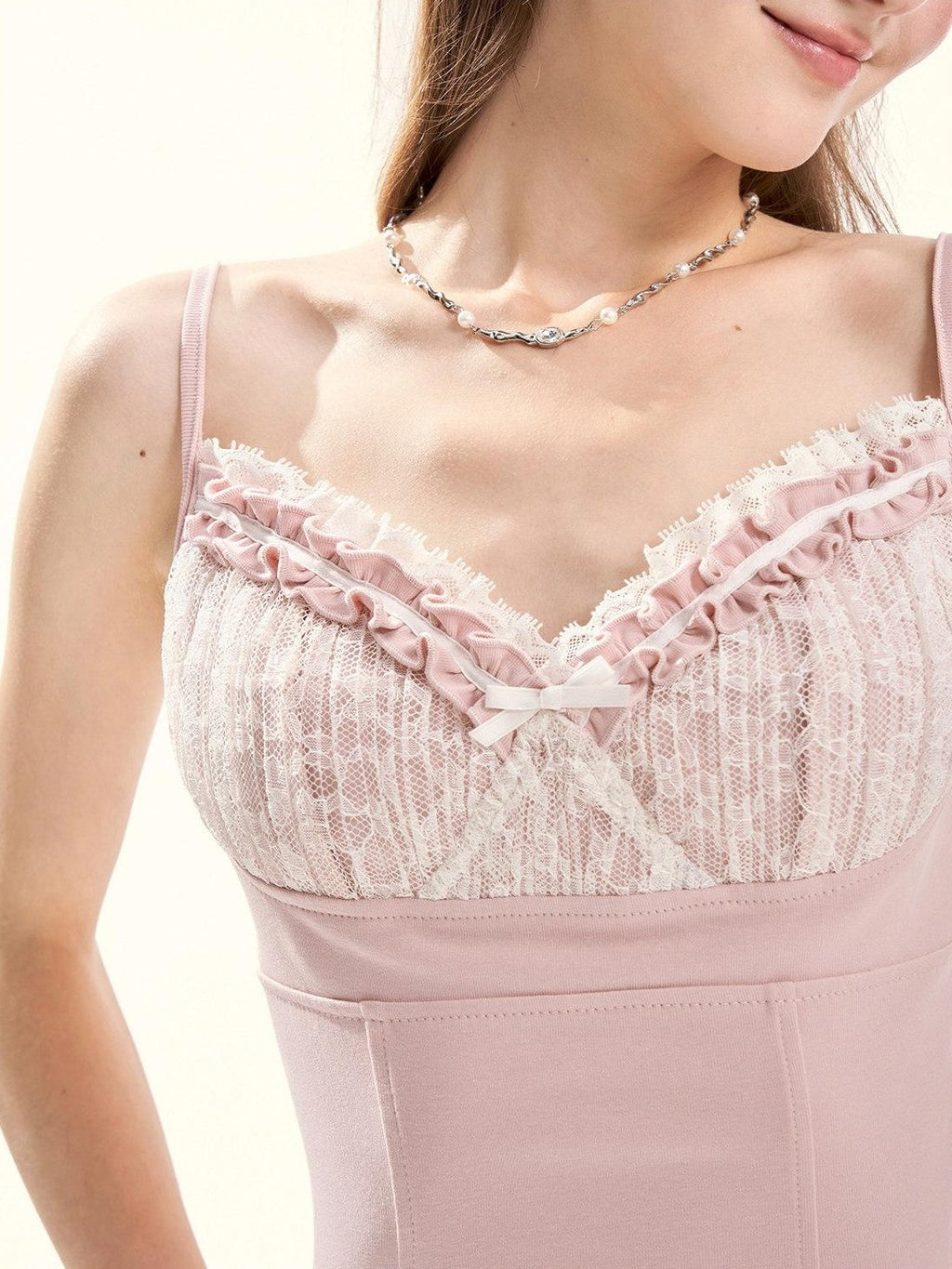 Girly Fancy Club Floral Ruched Lace Ruffle Trim Built In Pad V-neck Women's Camisoles