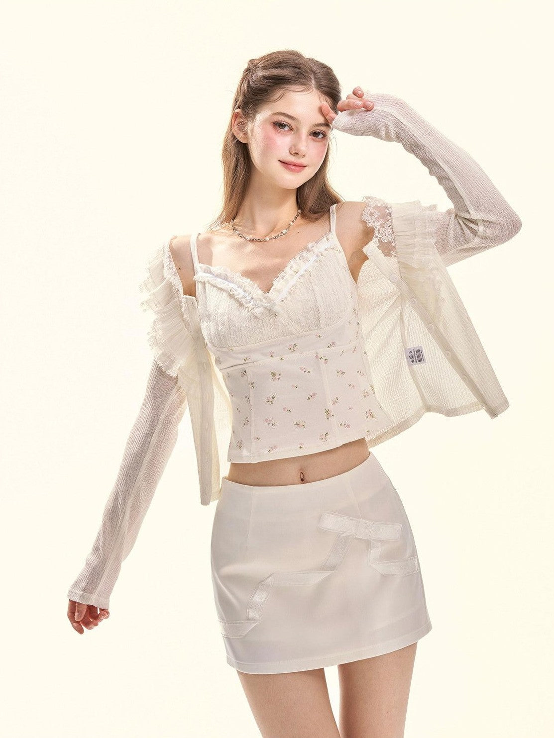 Girly Fancy Club Floral Ruched Lace Ruffle Trim Built In Pad V-neck Women's Camisoles