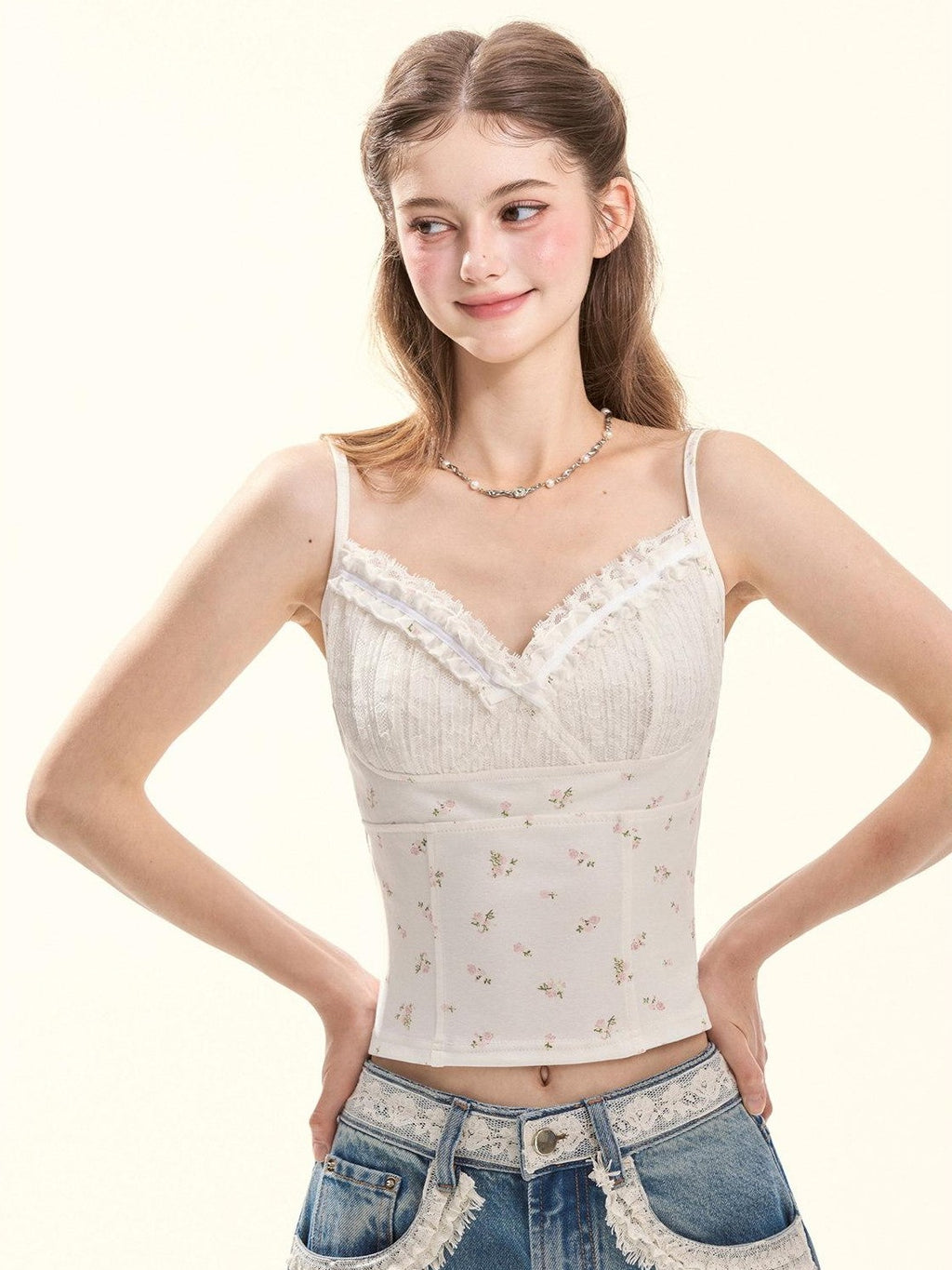 Girly Fancy Club Floral Ruched Lace Ruffle Trim Built In Pad V-neck Women's Camisoles