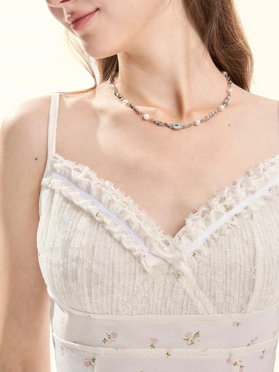 Girly Fancy Club Floral Ruched Lace Ruffle Trim Built In Pad V-neck Women's Camisoles