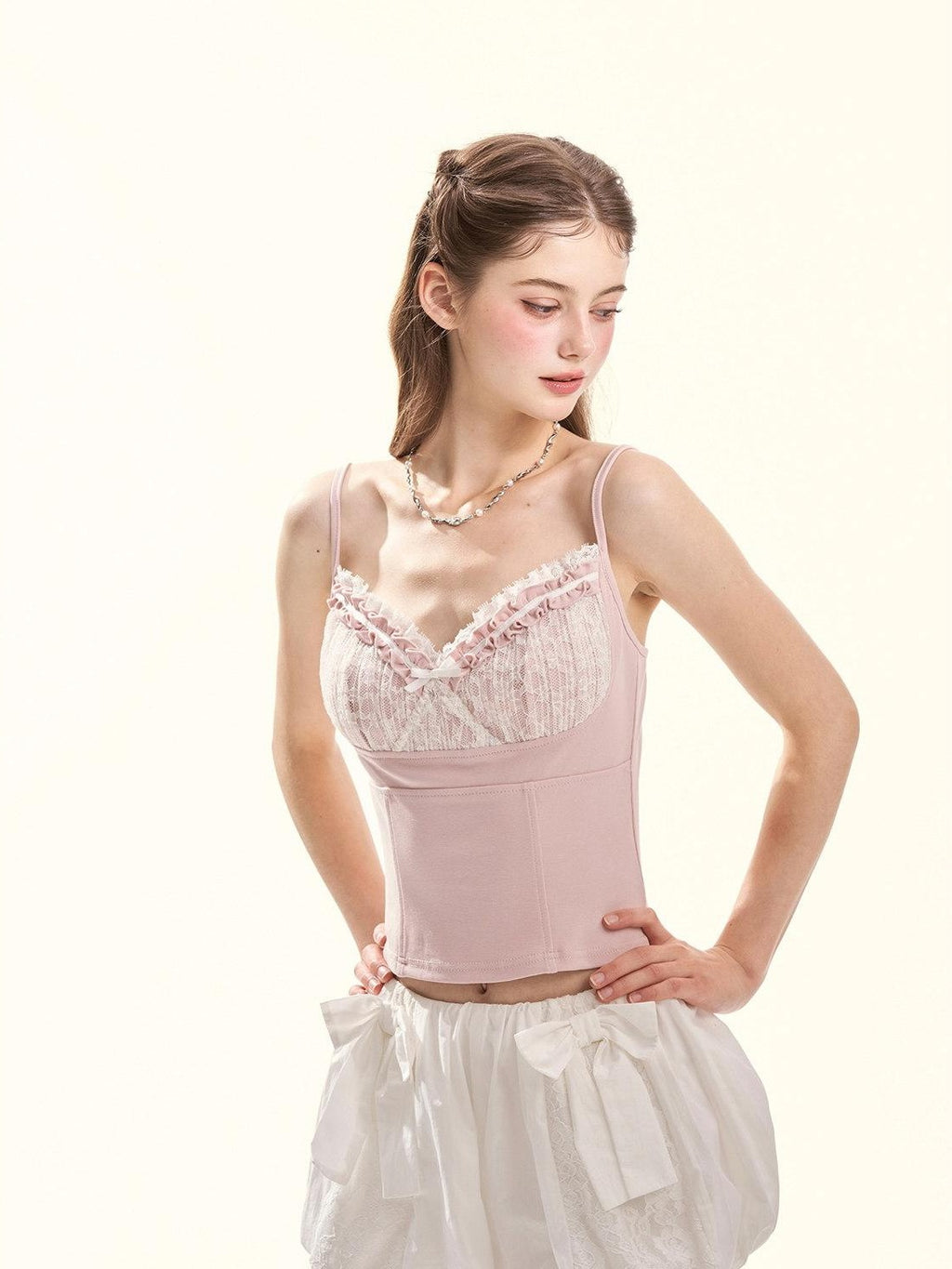 Girly Fancy Club Floral Ruched Lace Ruffle Trim Built In Pad V-neck Women's Camisoles