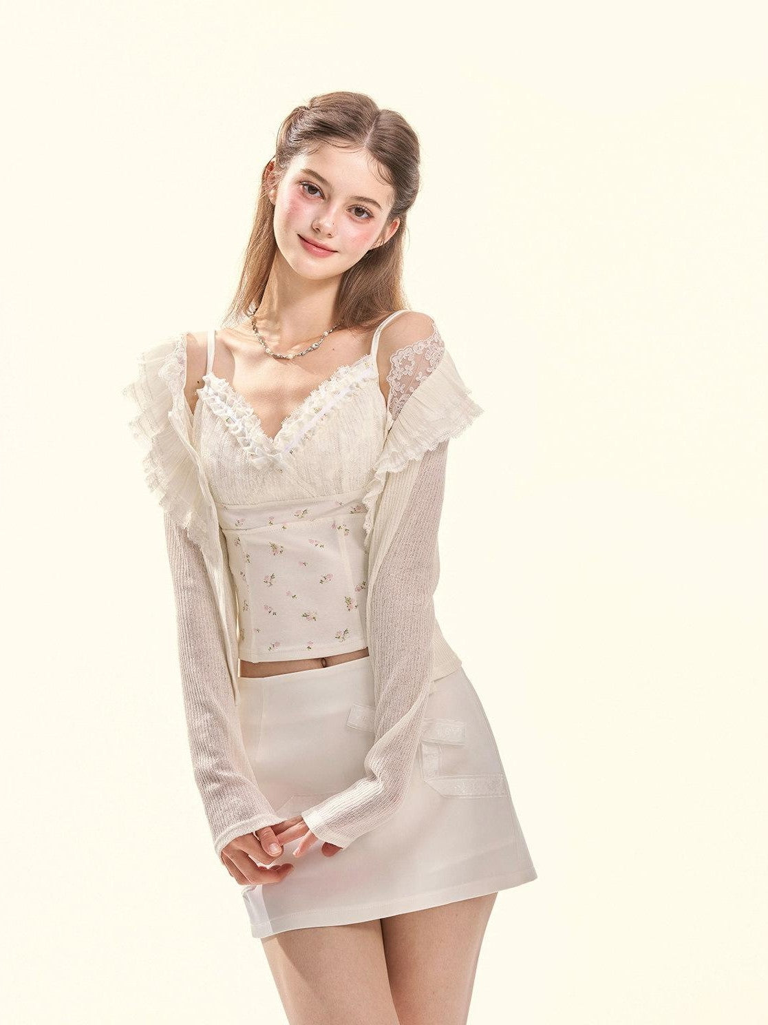 Girly Fancy Club Floral Ruched Lace Ruffle Trim Built In Pad V-neck Women's Camisoles