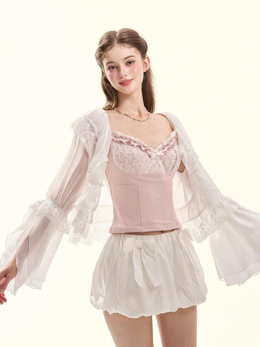 Girly Fancy Club Floral Ruched Lace Ruffle Trim Built In Pad V-neck Women's Camisoles