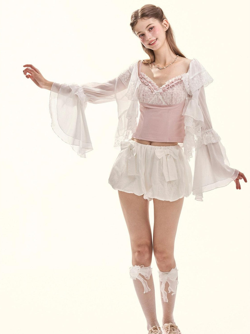Girly Fancy Club Floral Ruched Lace Ruffle Trim Built In Pad V-neck Women's Camisoles