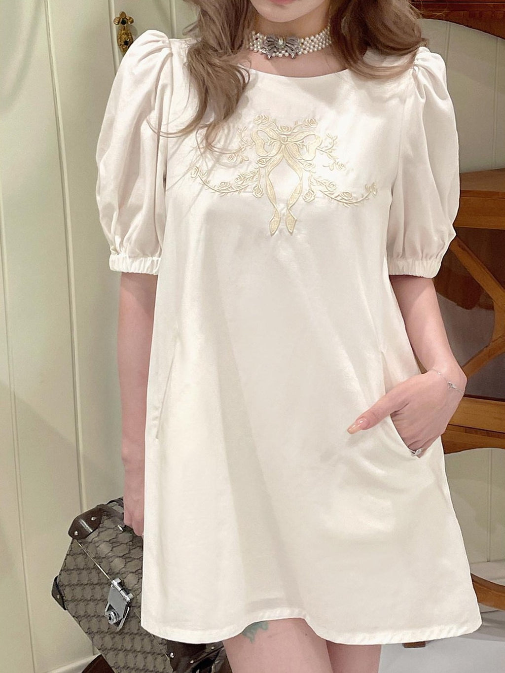 Girly Fancy Club French Court Embroidered Puff Sleeve Doll Women's Tencel Casual Mini Dresses