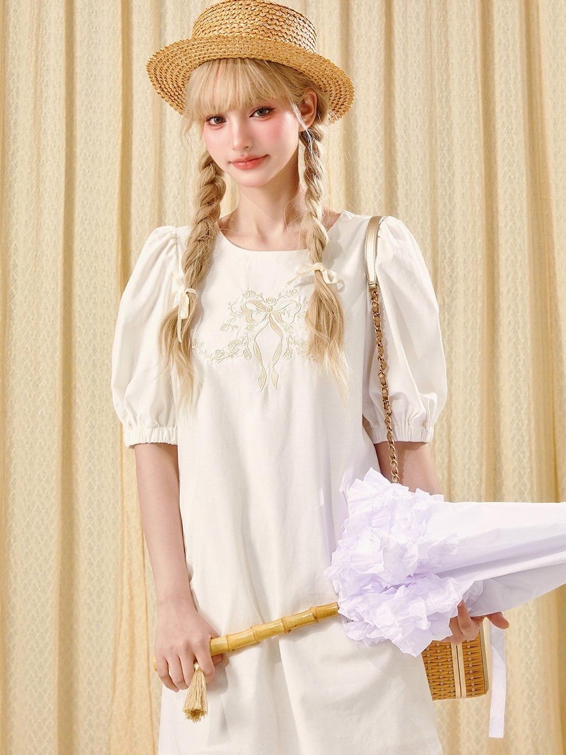 Girly Fancy Club French Court Embroidered Puff Sleeve Doll Women's Tencel Casual Mini Dresses