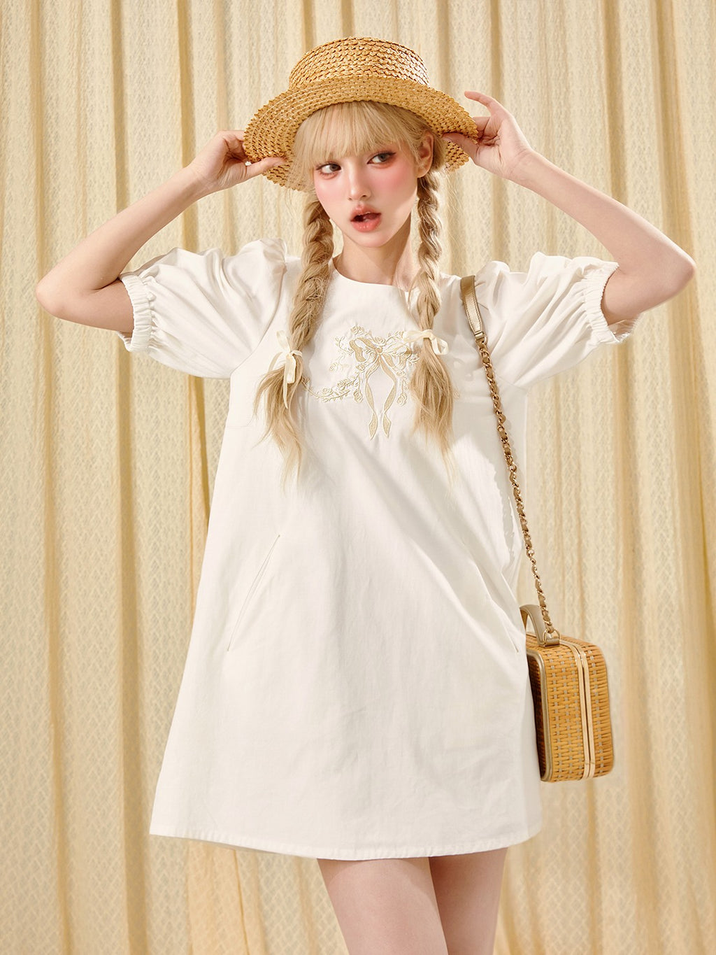 Girly Fancy Club French Court Embroidered Puff Sleeve Doll Women's Tencel Casual Mini Dresses