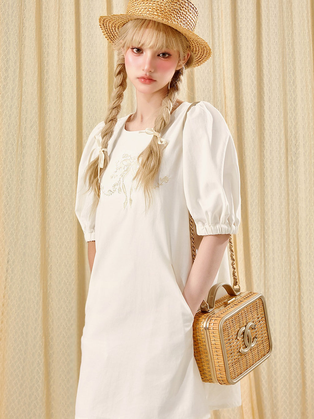 Girly Fancy Club French Court Embroidered Puff Sleeve Doll Women's Tencel Casual Mini Dresses