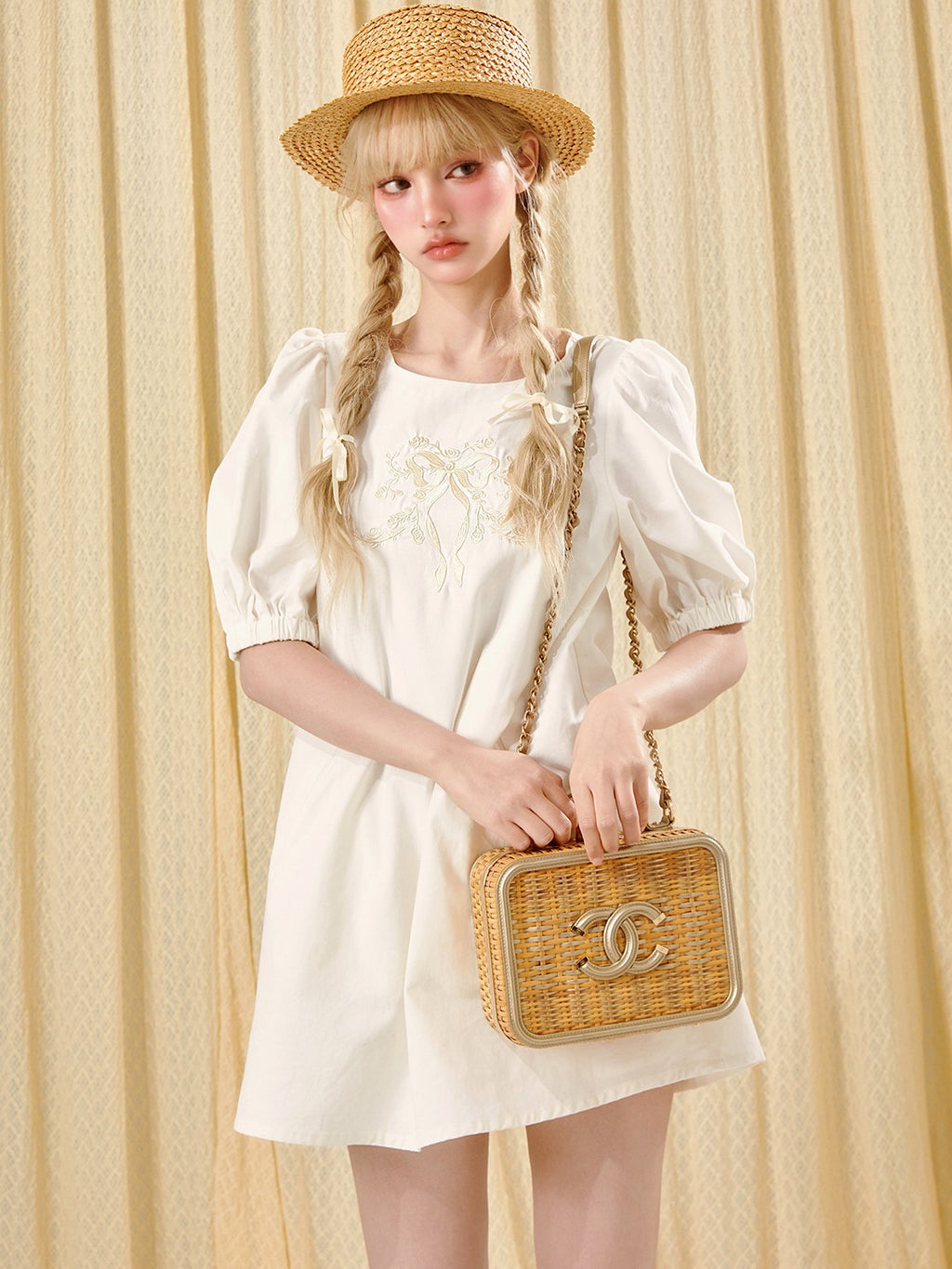 Girly Fancy Club French Court Embroidered Puff Sleeve Doll Women's Tencel Casual Mini Dresses