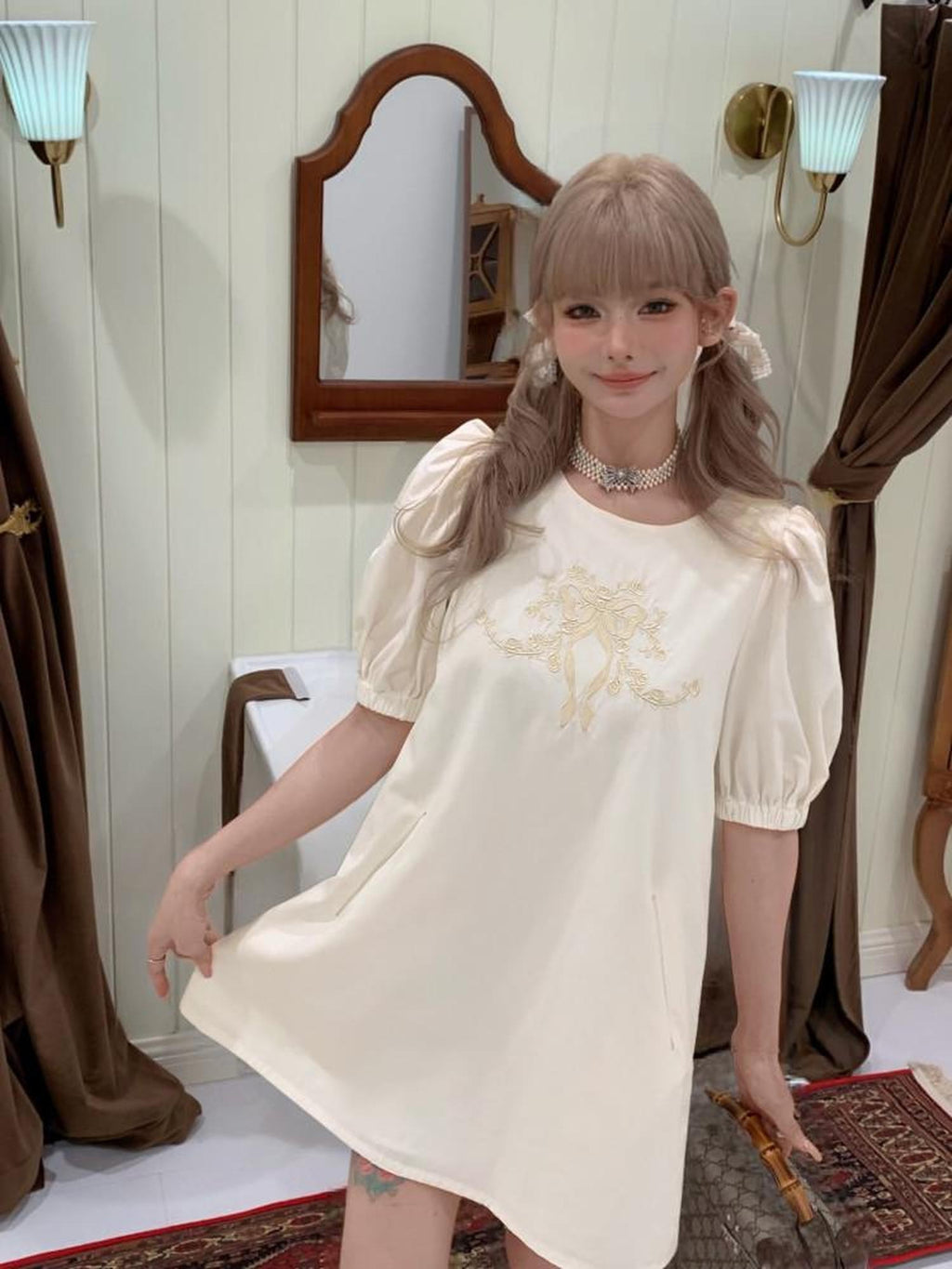 Girly Fancy Club French Court Embroidered Puff Sleeve Doll Women's Tencel Casual Mini Dresses