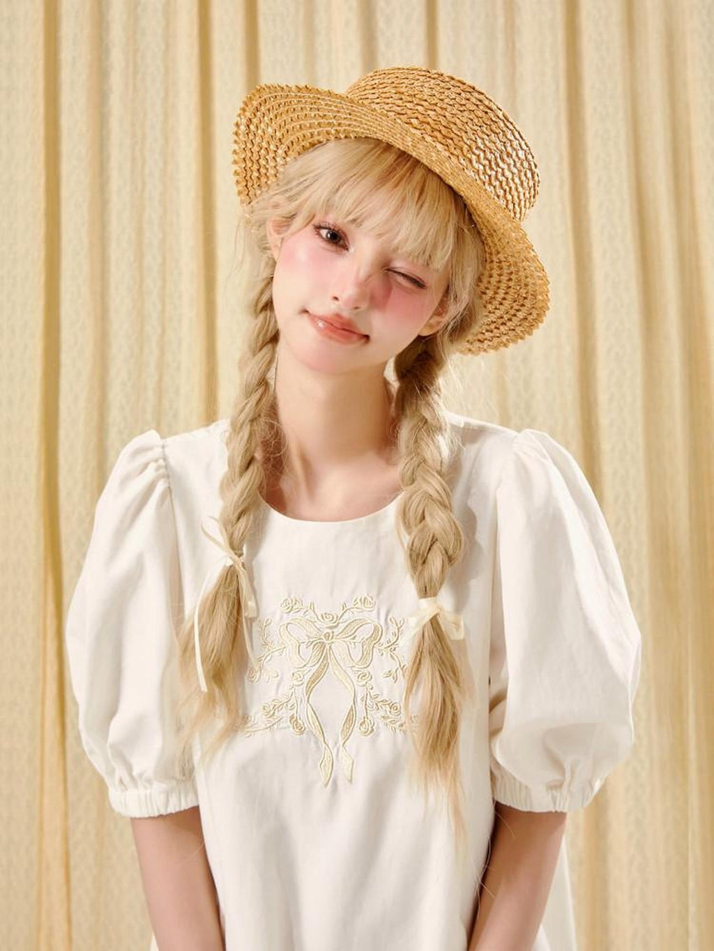 Girly Fancy Club French Court Embroidered Puff Sleeve Doll Women's Tencel Casual Mini Dresses