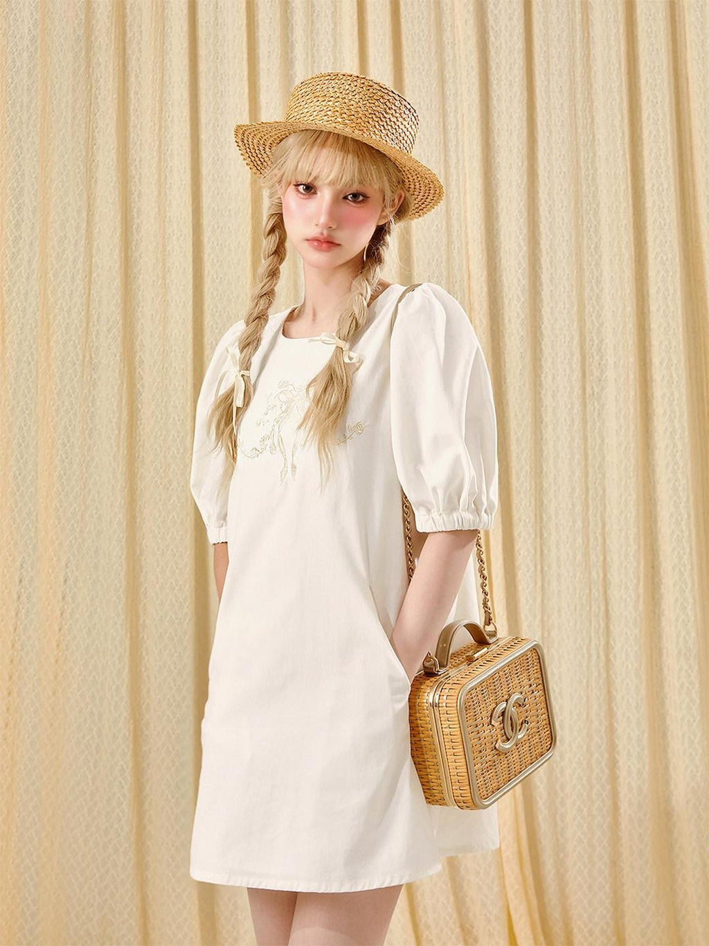 Girly Fancy Club French Court Embroidered Puff Sleeve Doll Women's Tencel Casual Mini Dresses
