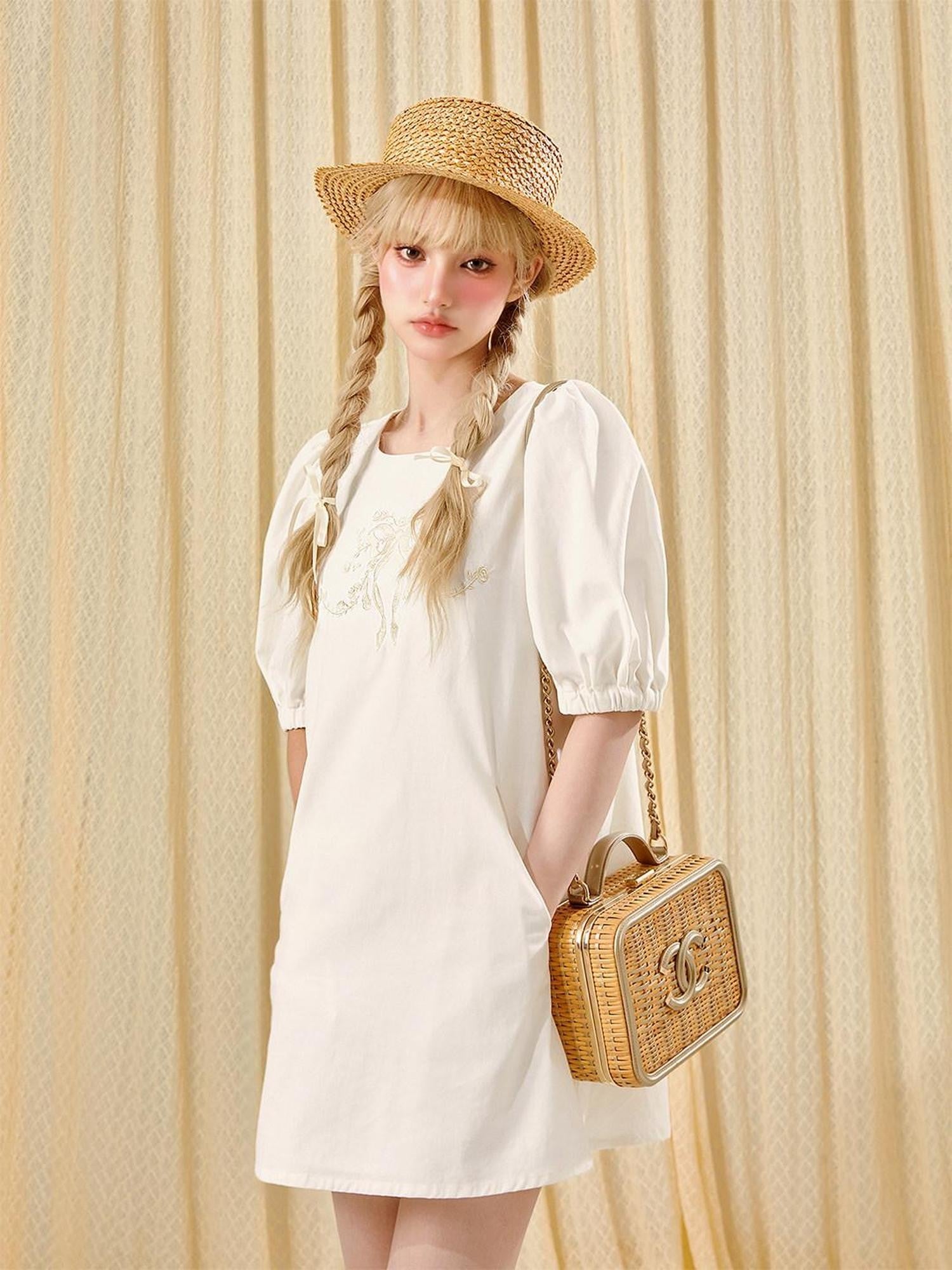Girly Fancy Club French Court Embroidered Puff Sleeve Doll Women's Tencel Casual Mini Dresses